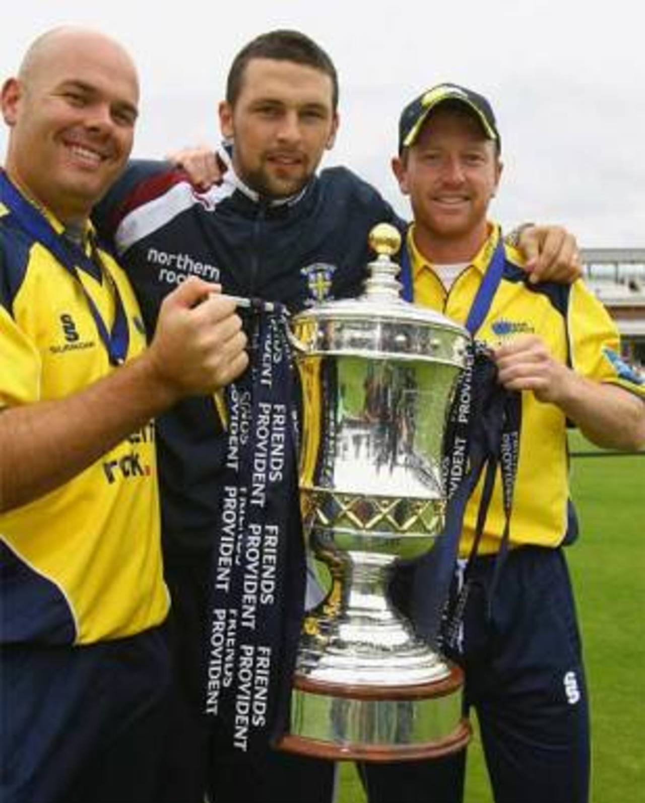 Neil Killeen, Steve Harmison and Paul Collingwood celebrate Durham's first silverware, Durham v Hampshire, Friends Provident Trophy final, Lord's, August 18, 2007