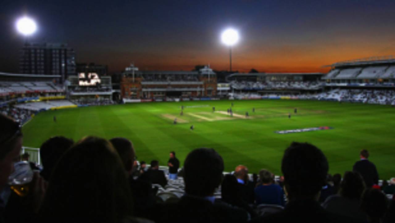 The Lord's pavilion in twilight during the old ground's first floodlit match, Middlesex v Derbyshire, Pro40, Lord's, September 10, 2007