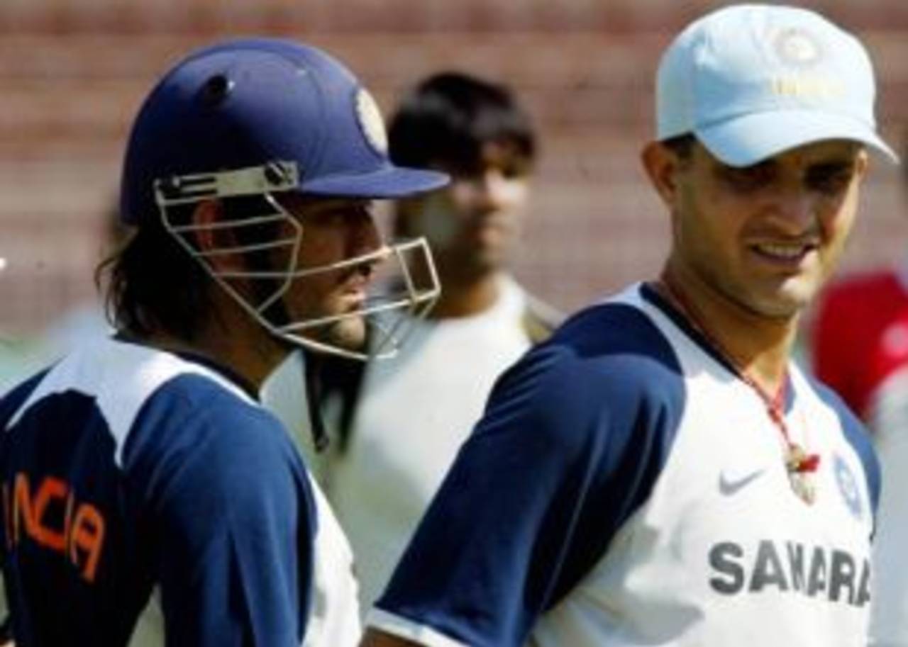 Mahendra Singh Dhoni and Sourav Ganguly in the nets on the eve of the fourth ODI in Chandigarh, October 7, 2007