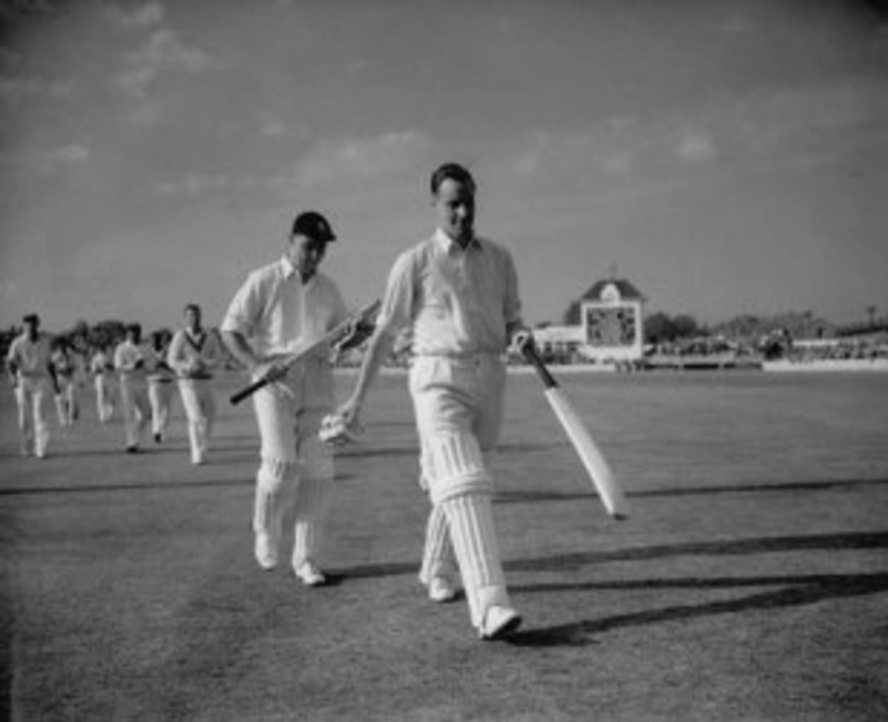 Peter May and Colin Cowdrey return to the pavilion during their stand of 411, England v West Indies, Edgbaston, 1957