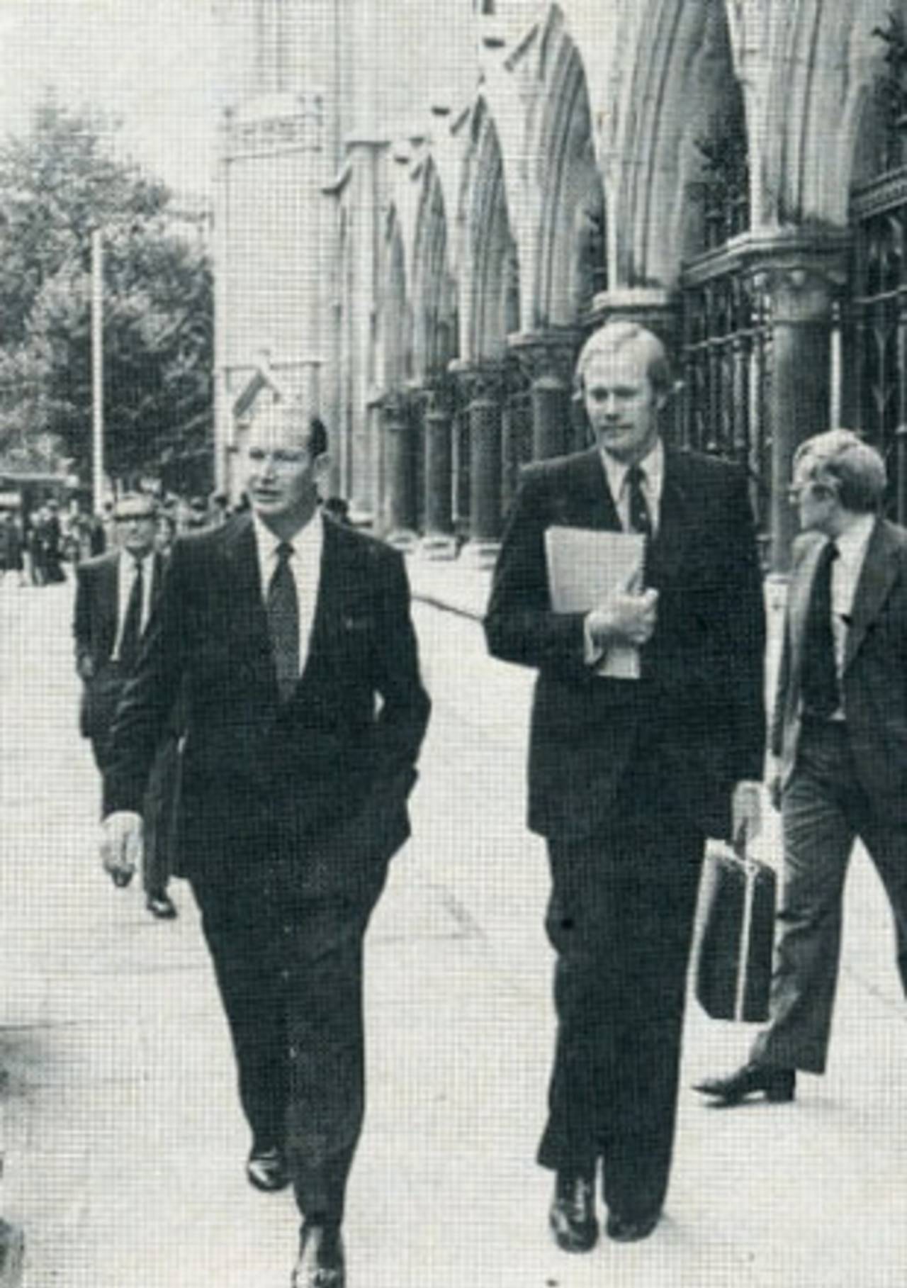 Tony Greig and Kerry Packer arrive at the High Court on the first day of the hearing, London, September 26, 1977