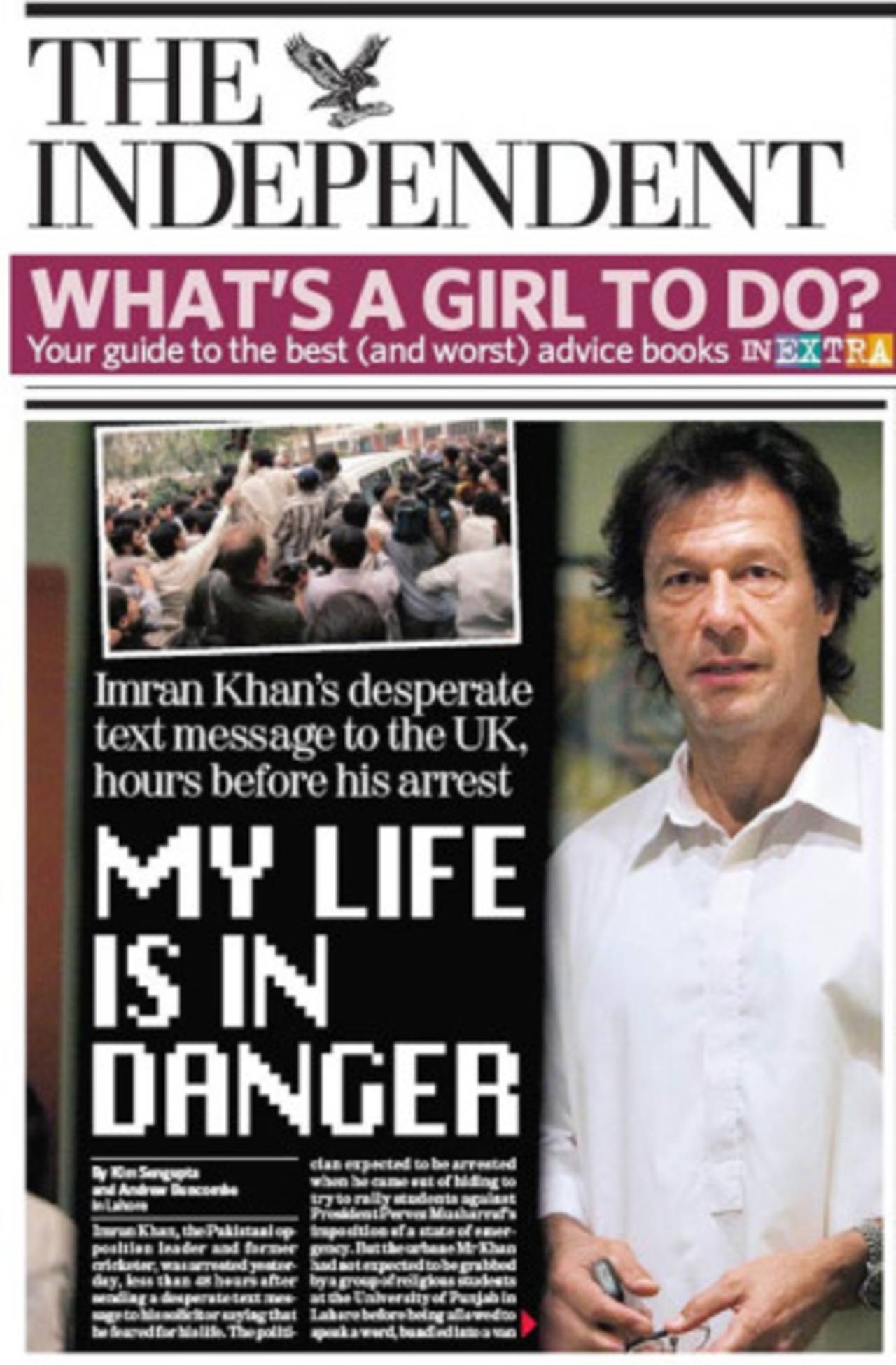 The front page of <I>The Independent</I> following Imran Khan's arrest, November 15, 2007