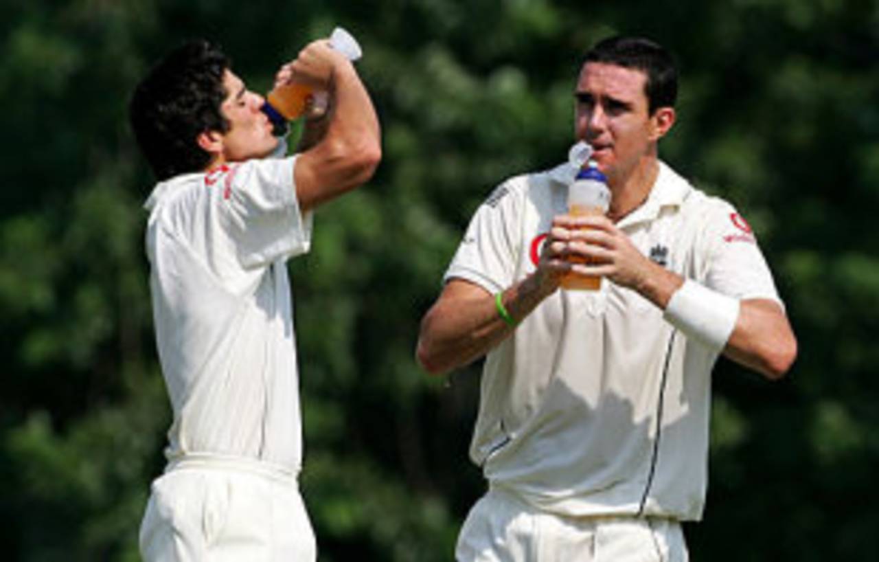 Alastair Cook and Kevin Pietersen refuel during their partnership in the heat of Colombo, Sri Lanka Cricket Board President's XI v England XI, Colombo, November 27, 2007