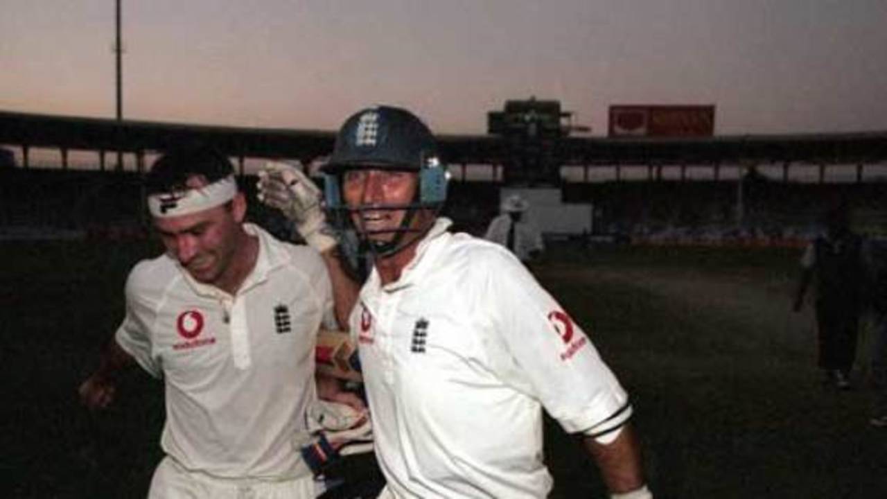 Graham Thorpe and Nasser Hussain of England celebrate victory during the third Test match against Pakistan played at the National Stadium, in Karachi, Pakistan