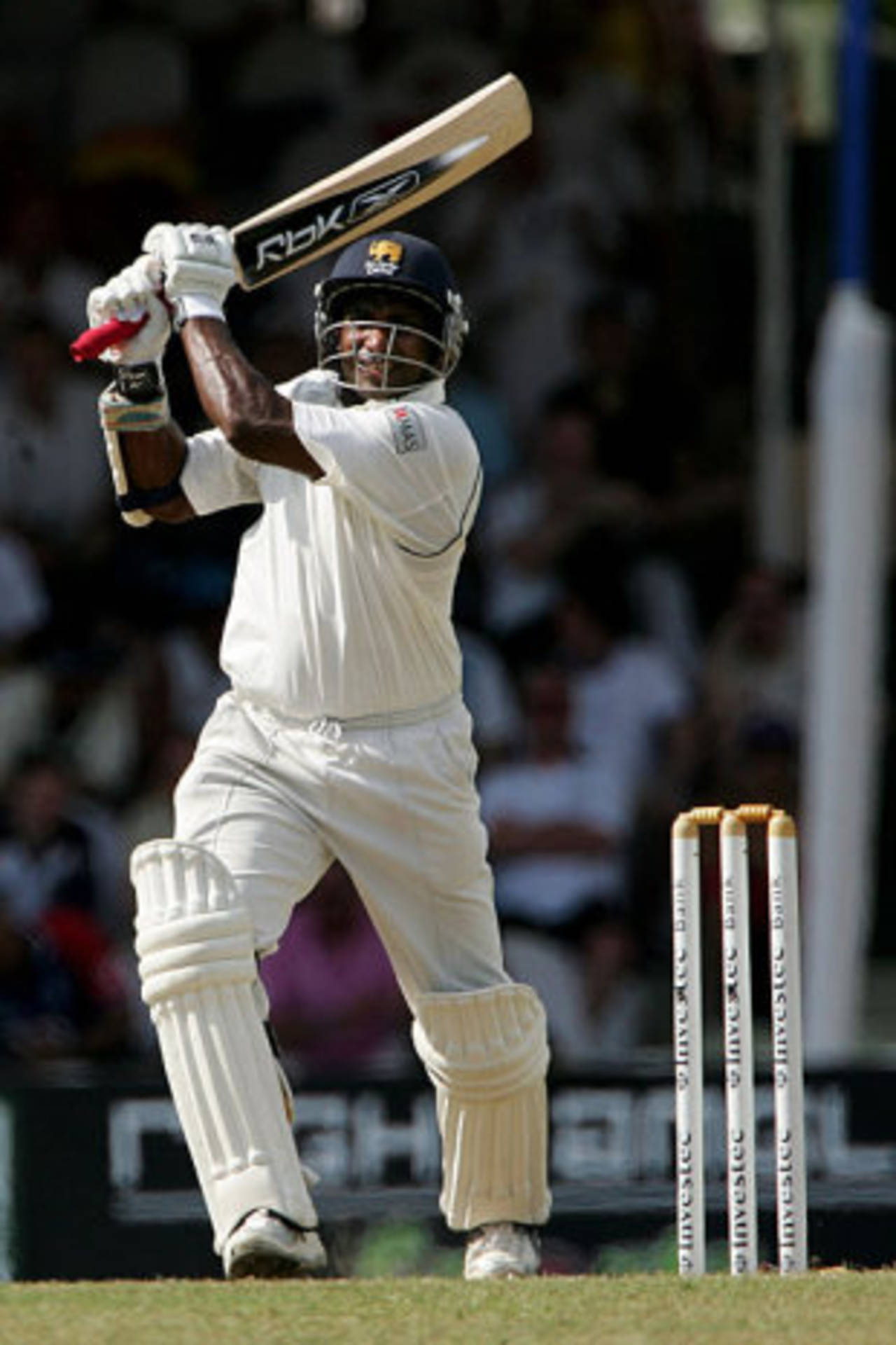 Sanath Jayasuriya pumps one through the covers in his final Test innings, Sri Lanka v England, 1st Test, Kandy, December 3, 2007