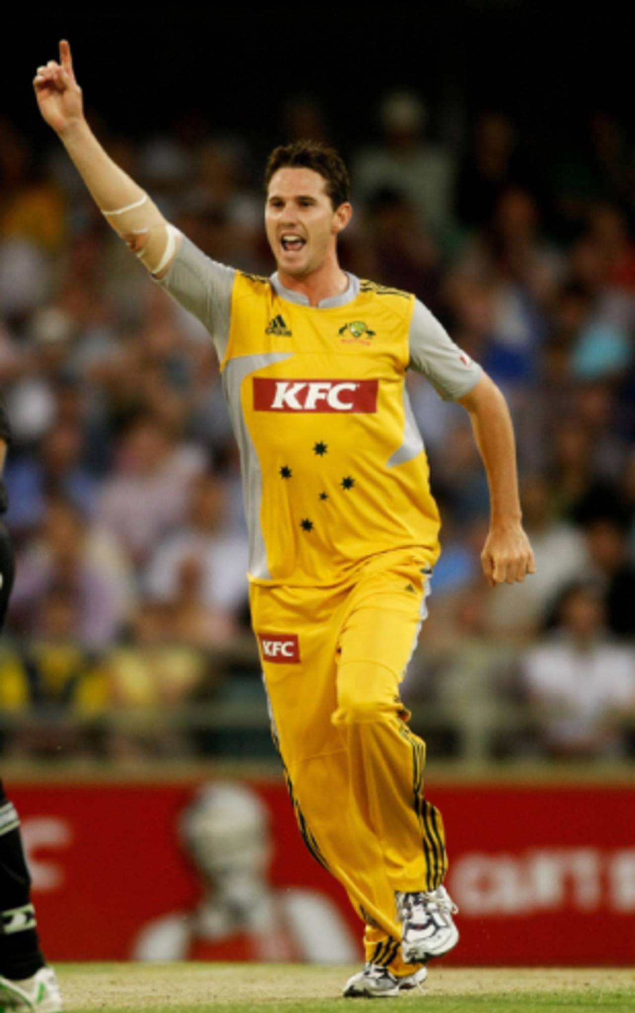 Shaun Tait is thrilled after claiming his first wicket in Twenty20s, Australia v New Zealand, Twenty20 International, Perth, December 11, 2007 
