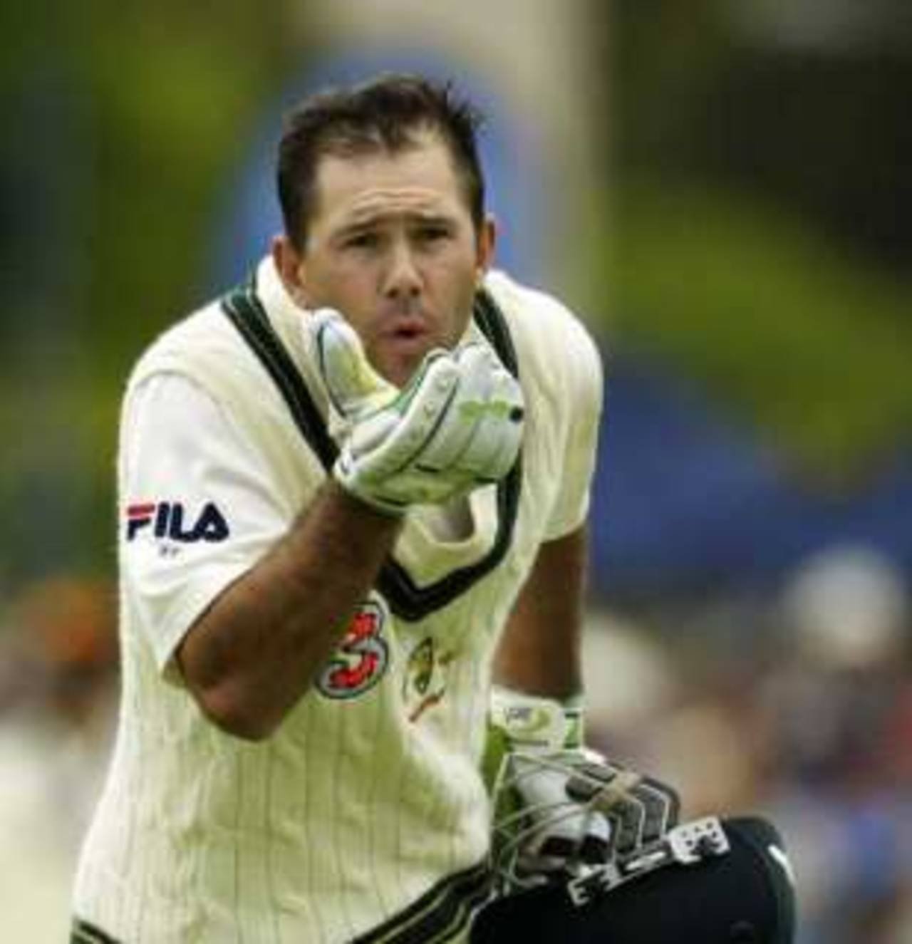 Ricky Ponting blows a kiss to his wife Rianna on reaching his double-century during the second day of the 2nd Test between Australia and India in Adelaide
