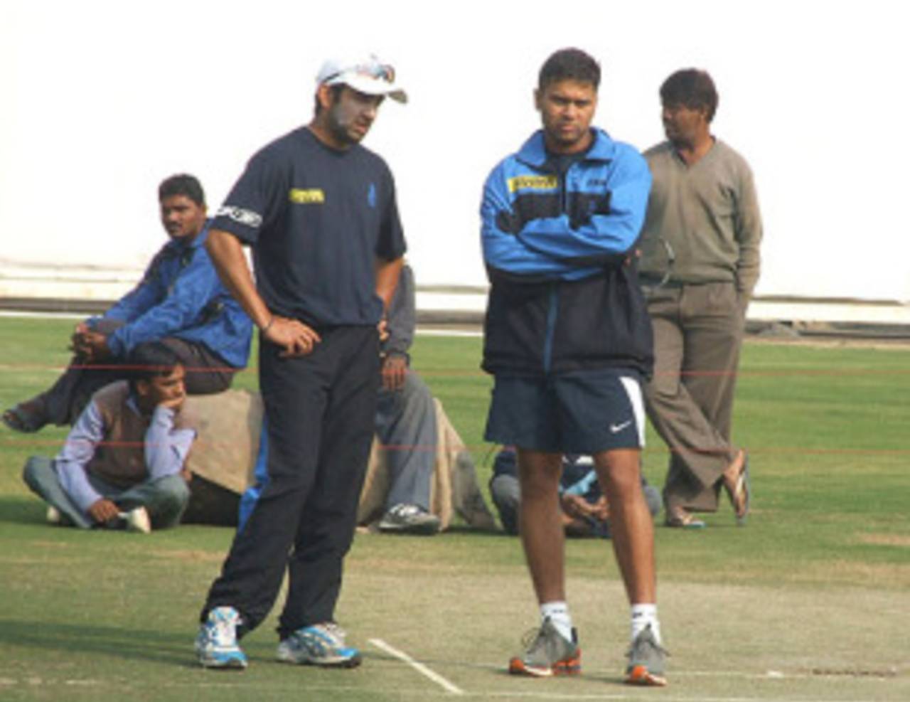 Delhi's Gautam Gambhir and Aakash Chopra take a look at the pitch on the eve of the Ranji Trophy Super League semi-final against Baroda, Indore, January 4, 2008