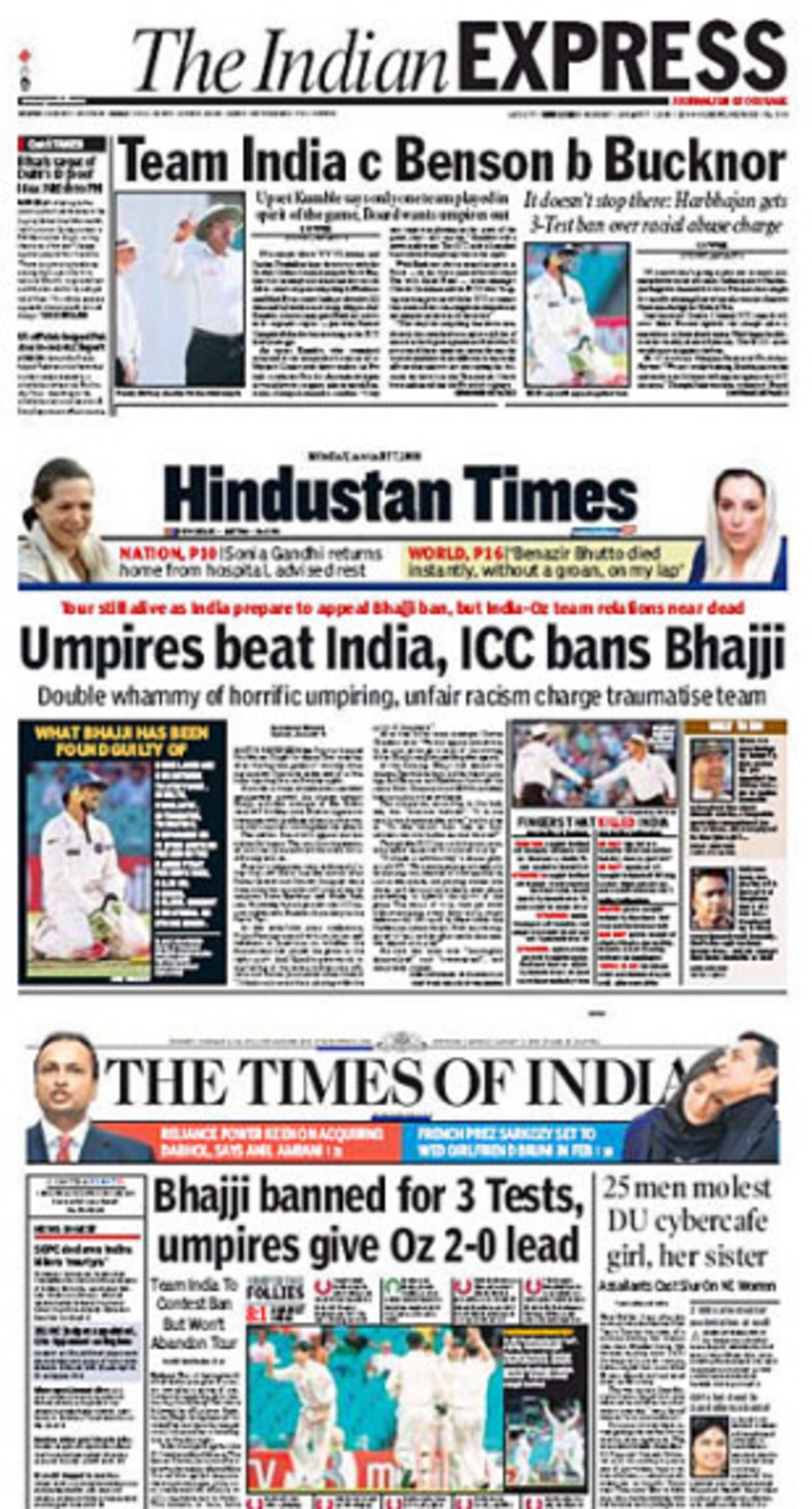 India's newspapers react with anger to the umpiring during the Sydney Test, January 7, 2008