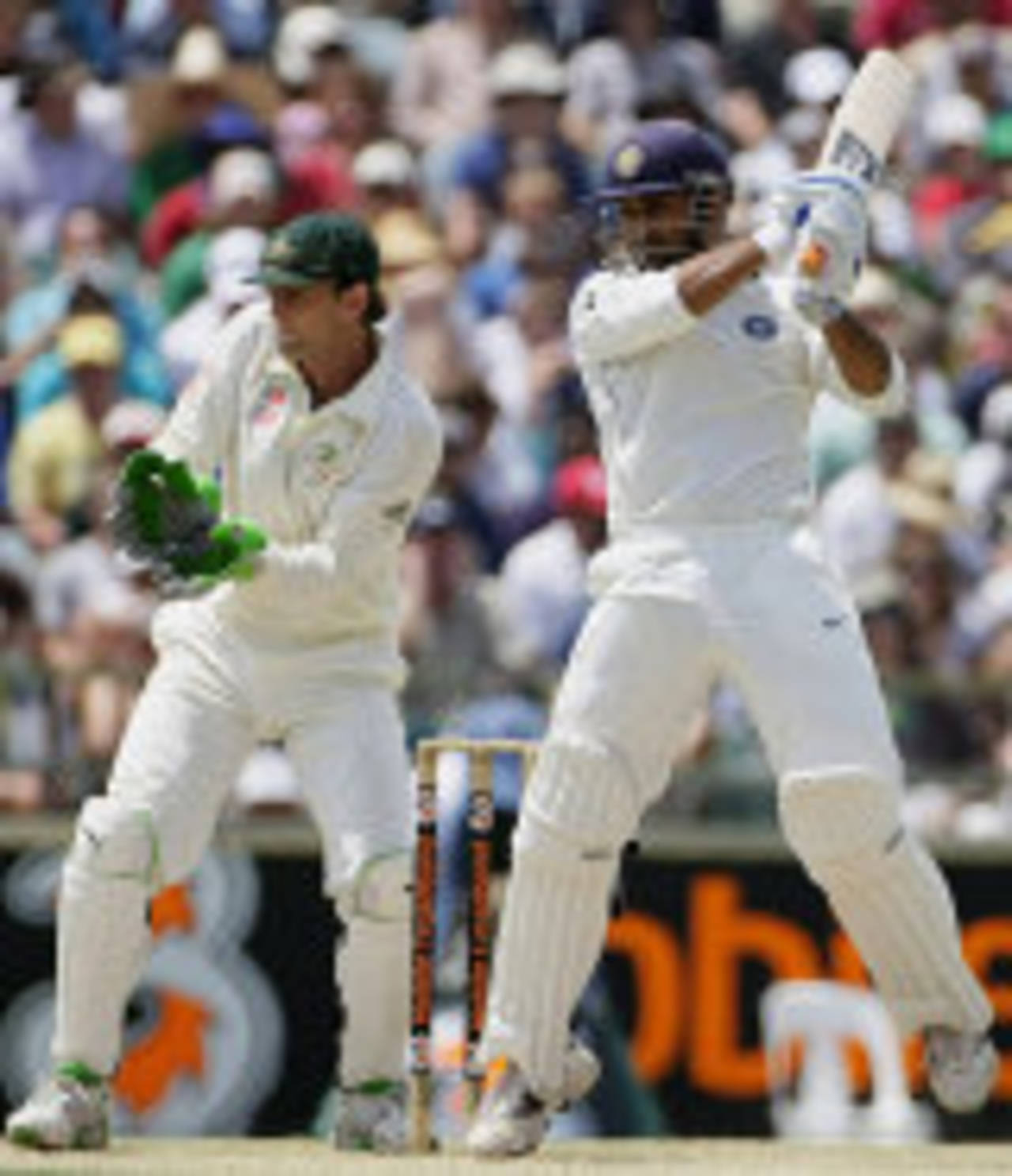 Mahendra Singh Dhoni tries to hit through the off side, Australia v India, 3rd Test, Perth, 3rd day, January 18, 2008