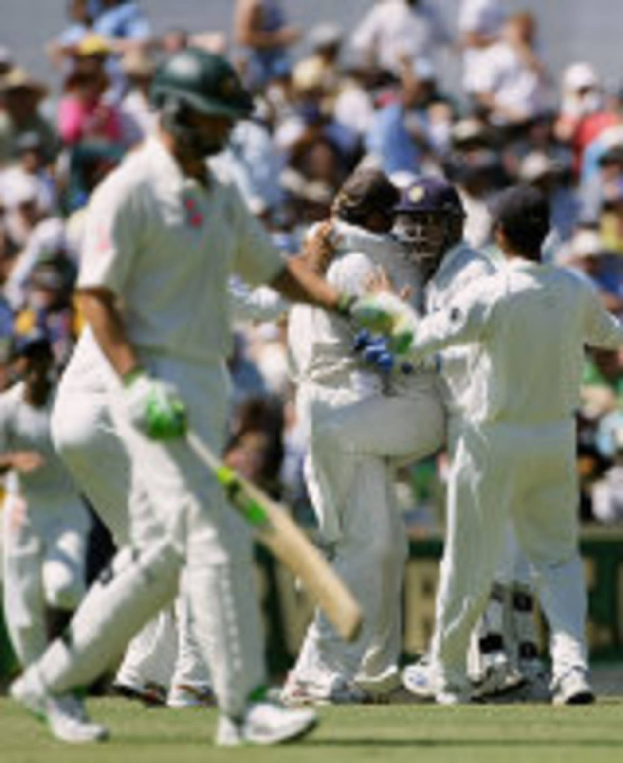Adam Gilchrist walks back after being bowled round the legs by Virender Sehwag, Australia v India, 3rd Test, Perth, 4th day, January 19, 2008