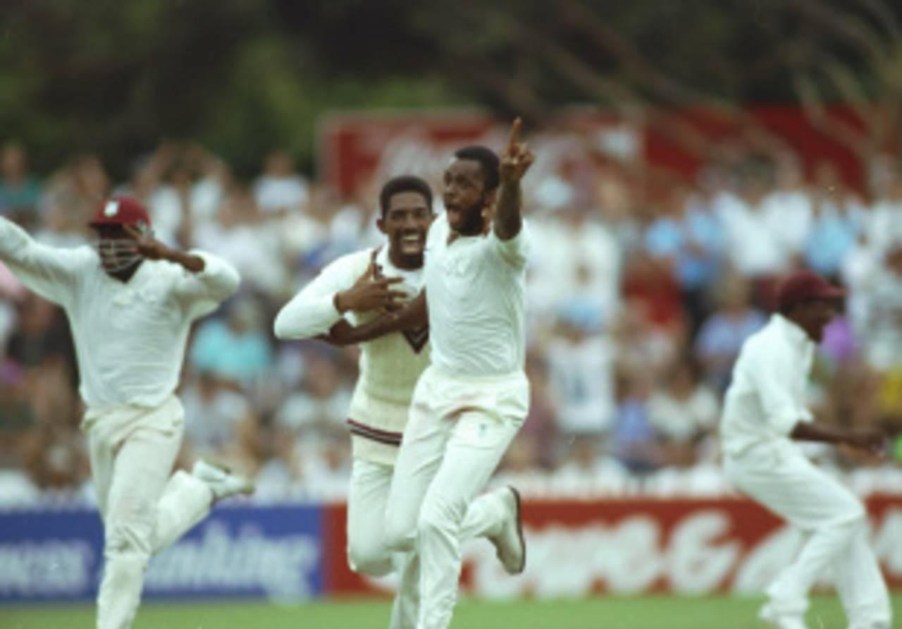 Courtney Walsh celebrates Craig McDermott's wicket, which won West Indies the fourth Test and kept them alive in the series, Australia v West Indies, January 26 1993, Adelaide