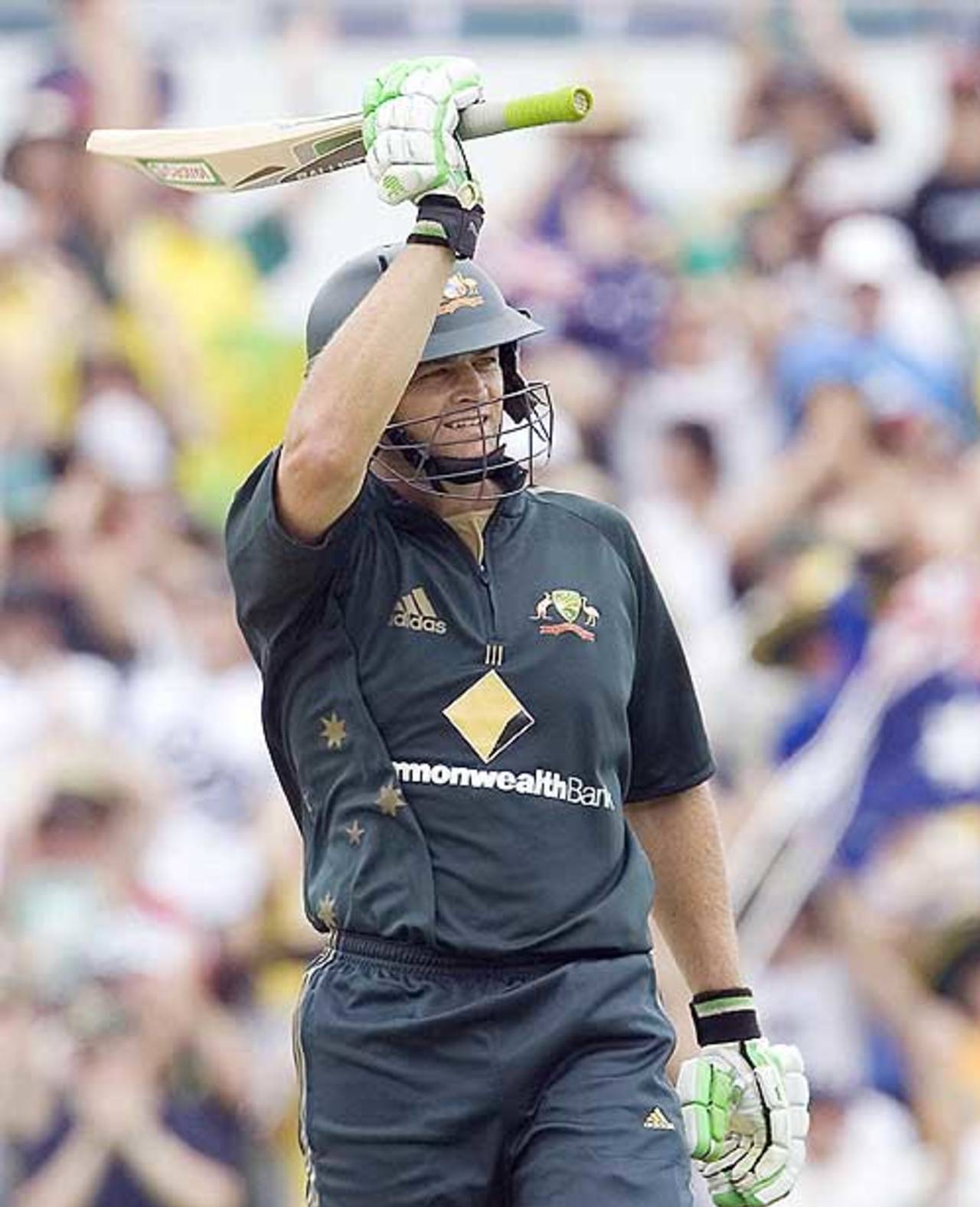 Adam Gilchrist raises his bat on crossing fifty, Australia v Sri Lanka, 6th Match, CB Series, Perth, February 15, 2008