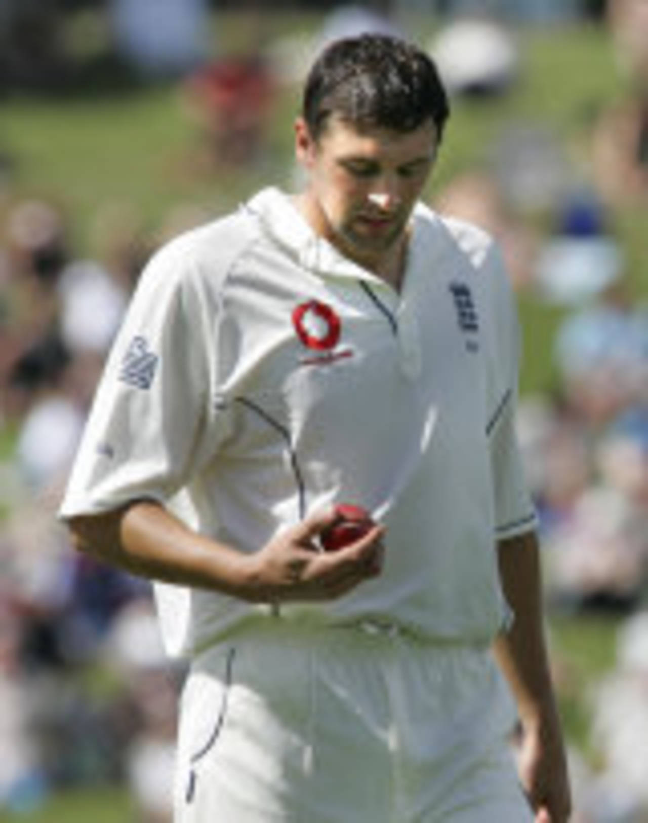 A debilitated Steve Harmison inspects the ball, New Zealand v England, 1st Test, Hamilton, March 6, 2008