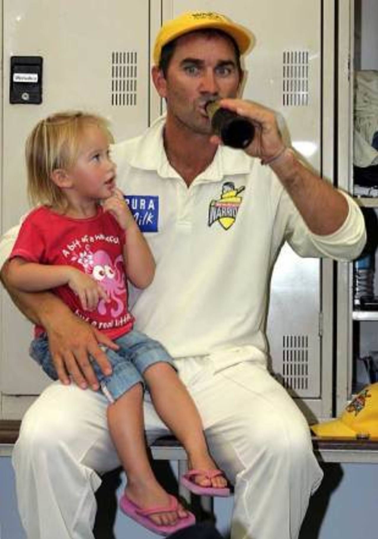 Langer didn't much care that the child on his lap was a little girl and proceeded with his lec-dem on chapter one of <i>The Ways of Real Aussie Men</i> anyway&nbsp;&nbsp;&bull;&nbsp;&nbsp;Getty Images