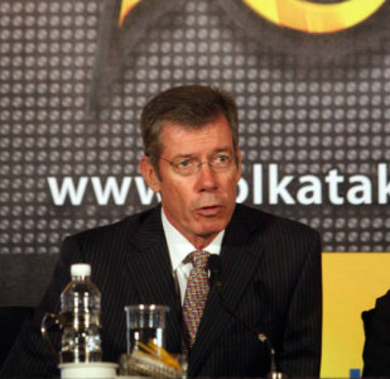 John Buchanan, coach of the Kolkata Knight Riders, speaks at the function, Indian Premier League, Kolkata, March 11, 2008 