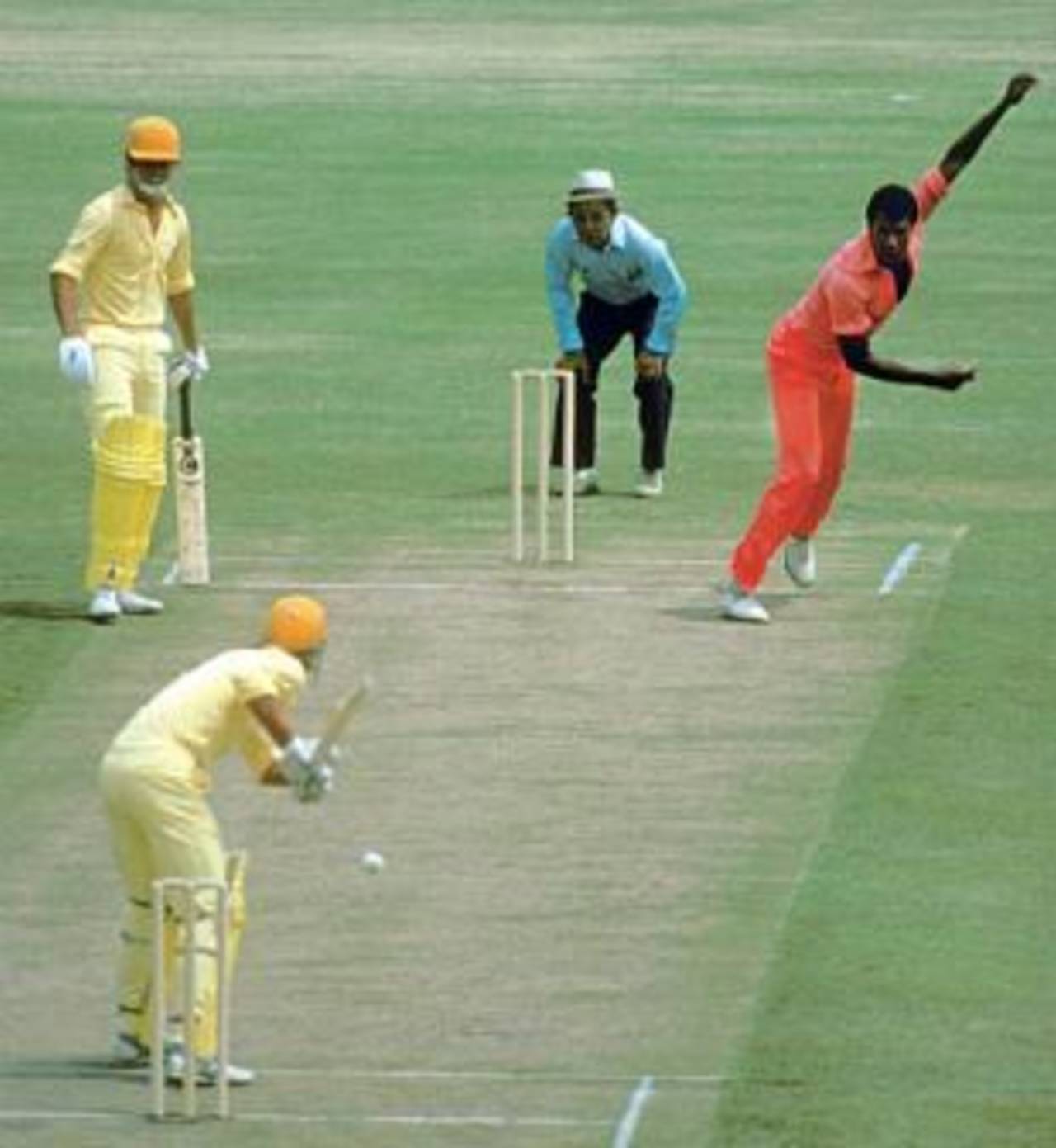 Colin Croft bowling during a World Series Cricket game between Australia and West Indies, January 1979
