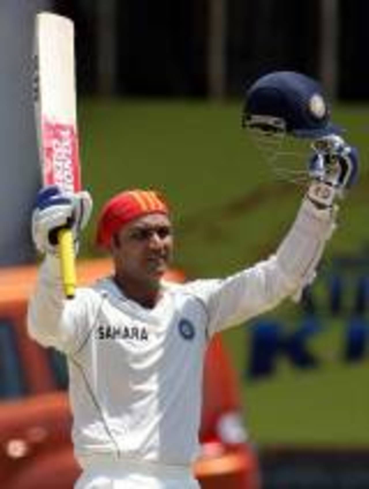 Virender Sehwag celebrates a record triple-hundred, India v South Africa, 1st Test, Chennai, 3rd day, March 28, 2008