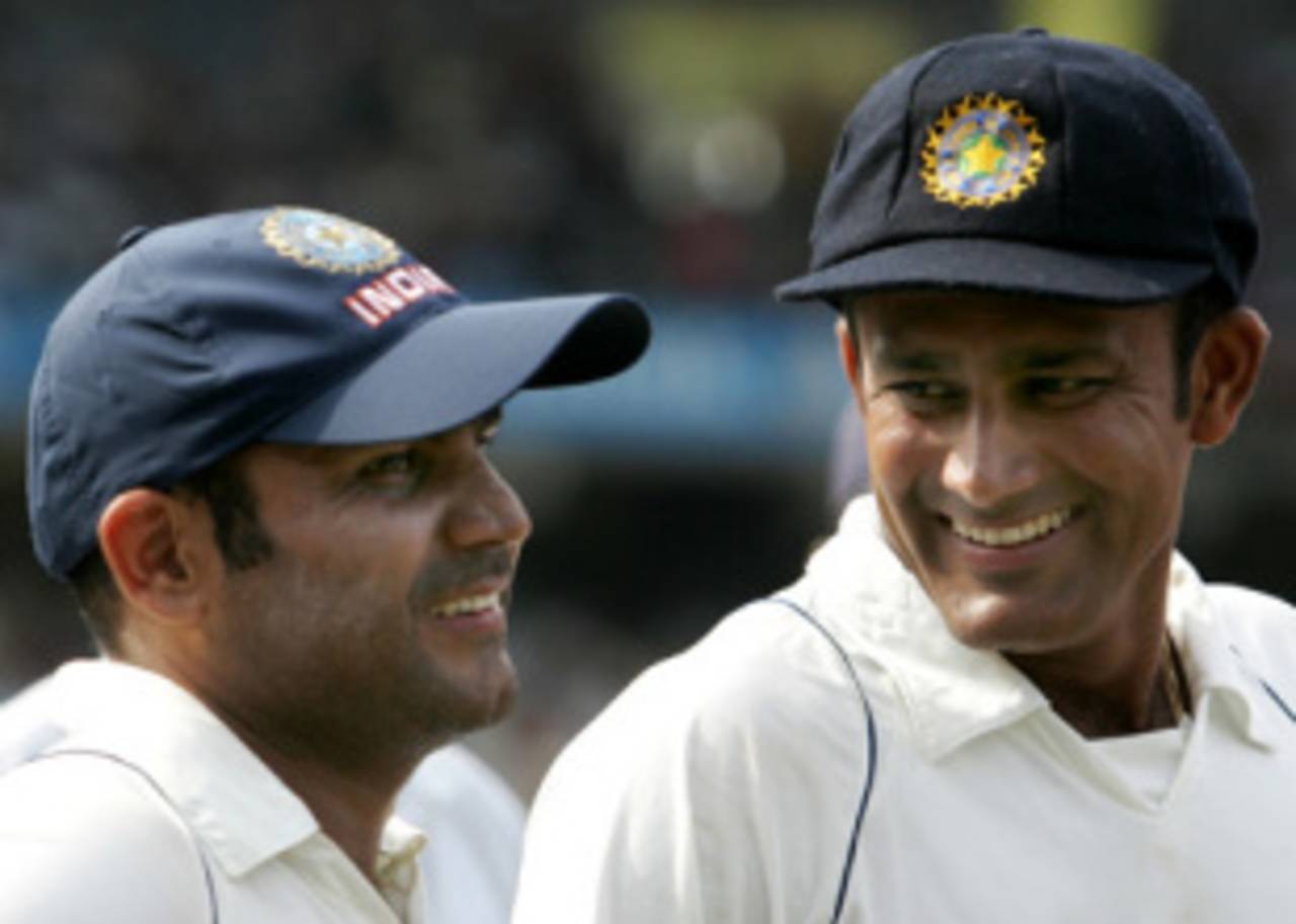 Virender Sehwag and Anil Kumble share a light moment during the presentation ceremony, India v South Africa, 1st Test, Chennai, 5th day, March 30, 2008 