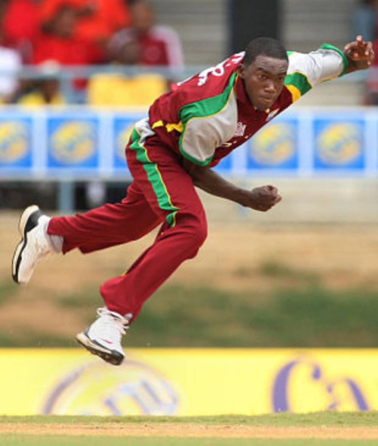 An airborne Jerome Taylor in his follow-through, West Indies v Sri Lanka, 2nd ODI, Trinidad, April 12, 2008