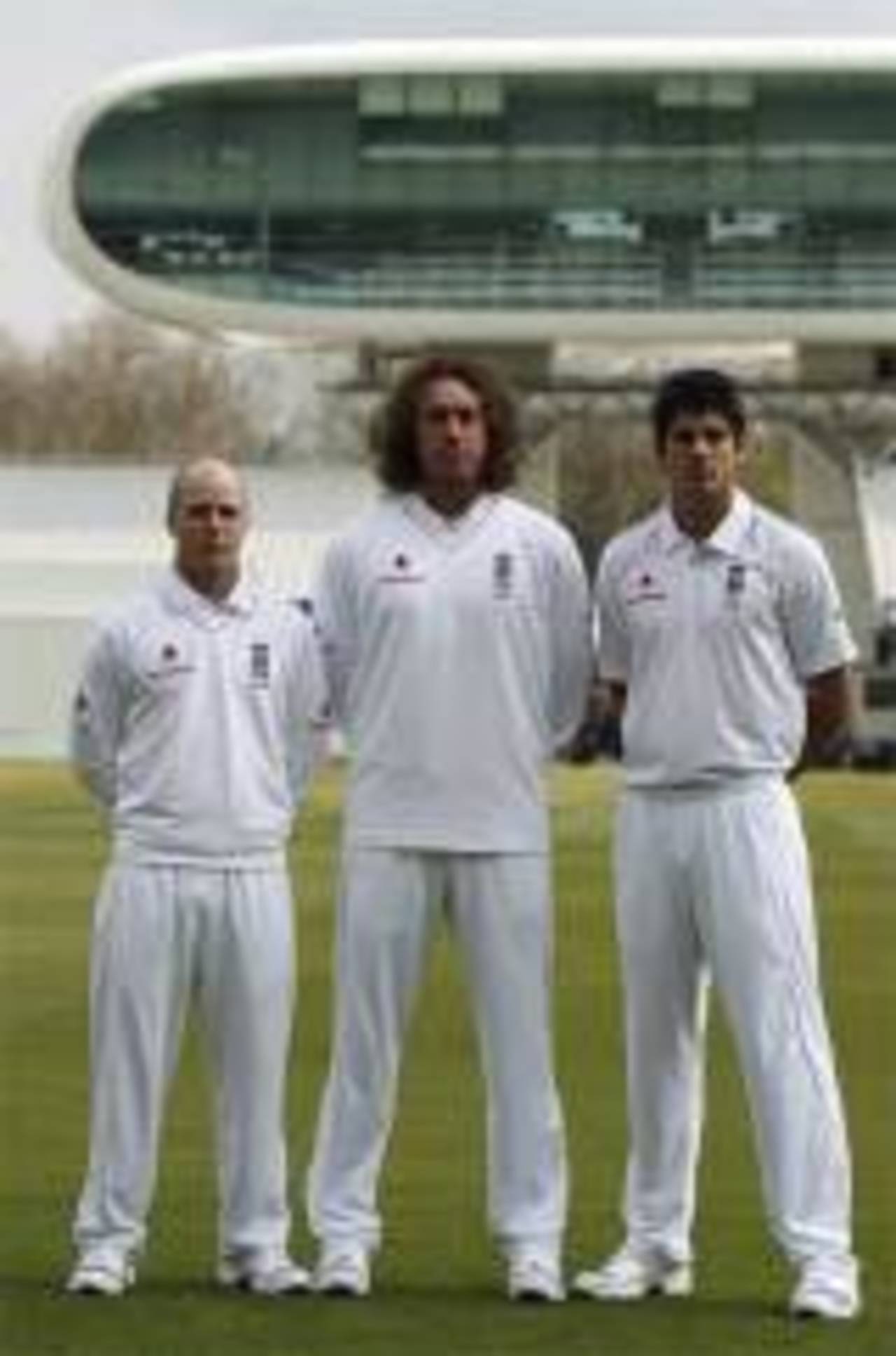 Tim Ambrose, Ryan Sidebottom and Alastair Cook in England's Test strip, Lord's, April 17, 2008