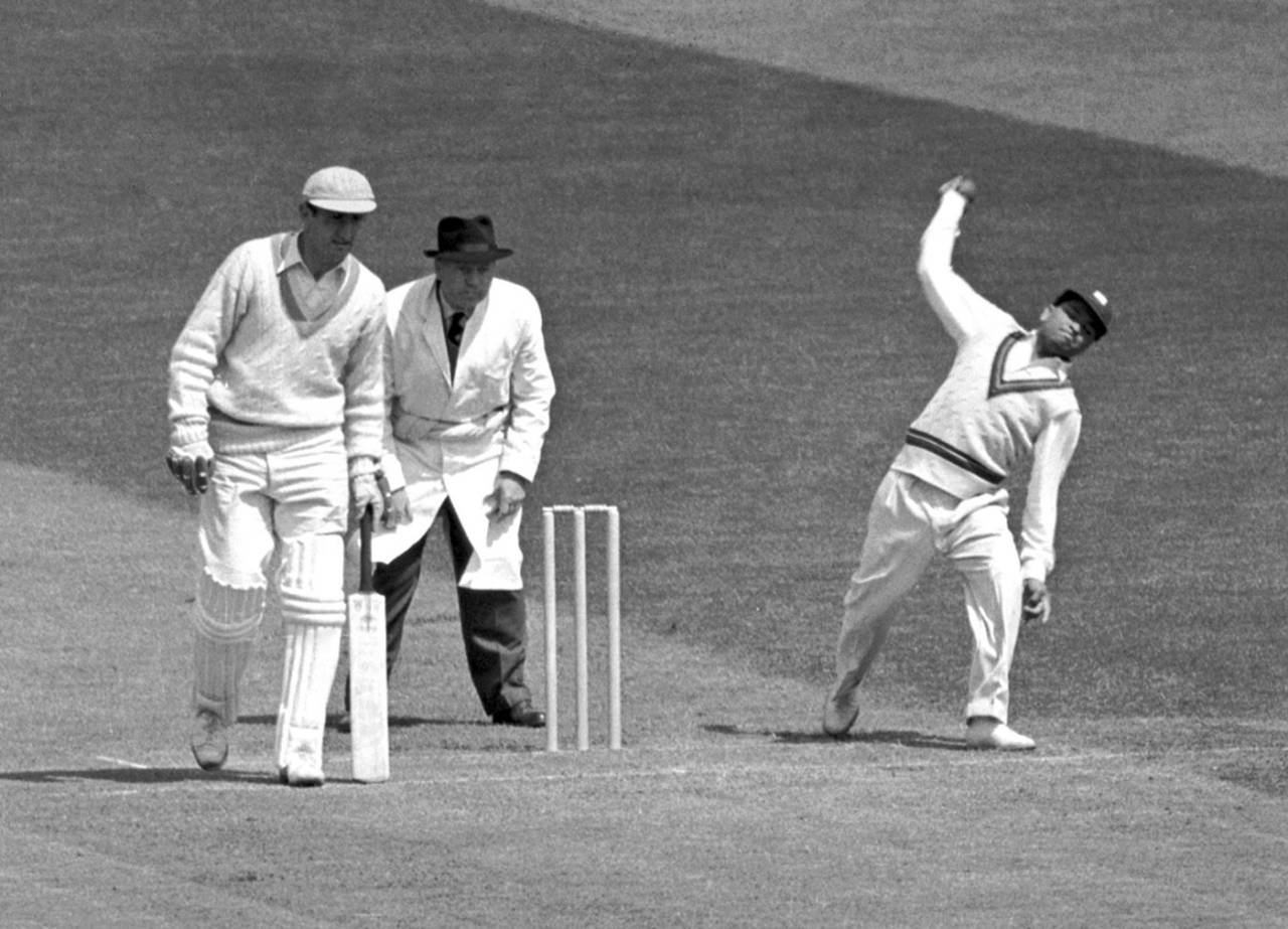 Sonny Ramadhin bowls in a tour match on the West Indies tour of England in 1957
