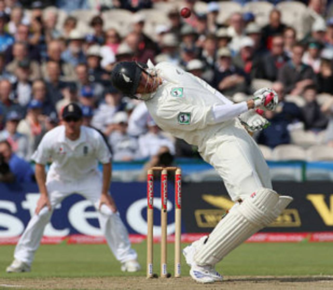 Jacob Oram sways out of another bouncer from Stuart Broad, England v New Zealand, 2nd Test, Old Trafford, May 24, 2008
