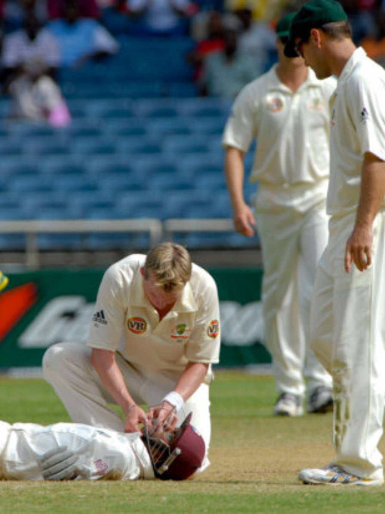 Brett Lee checks on Shivnarine Chanderpaul after knocking him down with a bouncer, West Indies v Australia, 1st Test, Jamaica, 3rd day, May 24, 2008