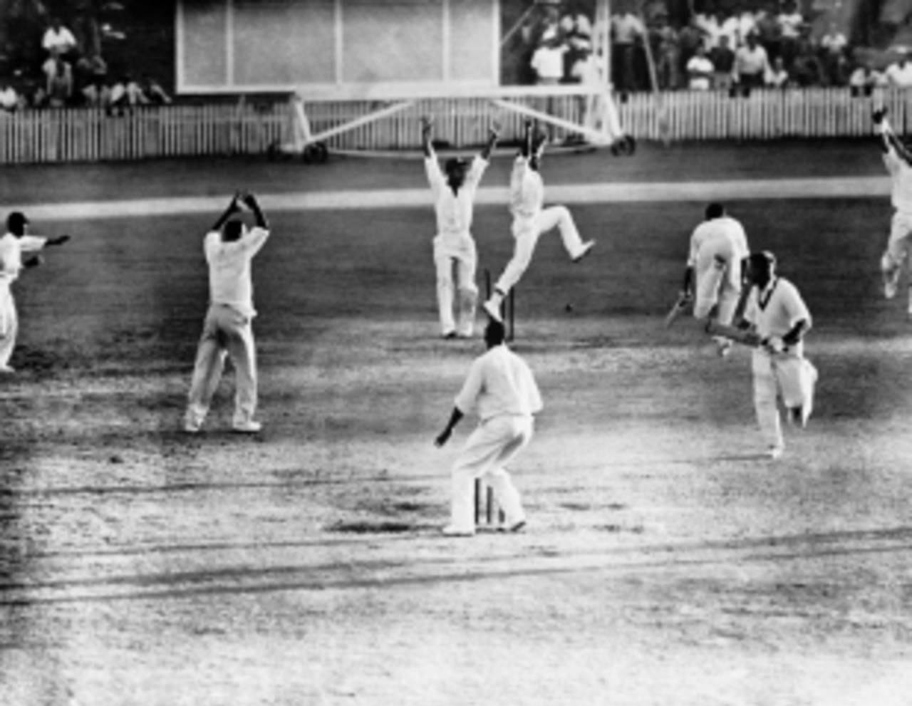 Australian batsman Ian Meckiff is run out to secure Test cricket's first tie, Australia v West Indies, Brisbane, December 14, 1960 