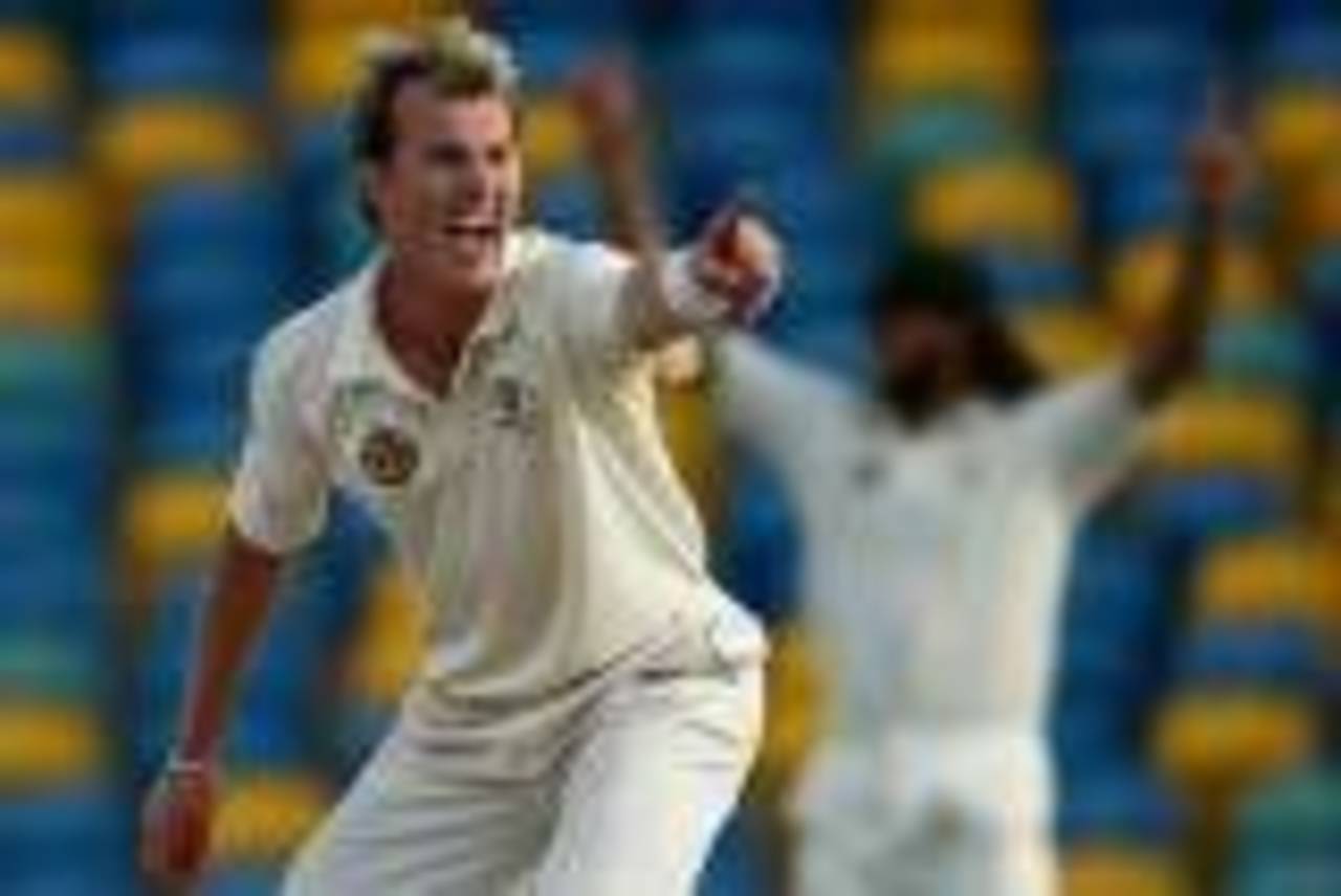 Brett Lee belts out an appeal against Dwayne Bravo, West Indies v Australia, 3rd Test, Barbados, 4th day, June 15, 2008
