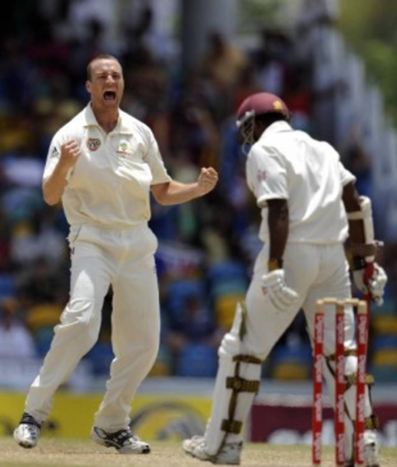 Stuart Clark enjoys removing Shivnarine Chanderpaul, West Indies v Australia, 3rd Test, Barbados, 5th day, June 16, 2008