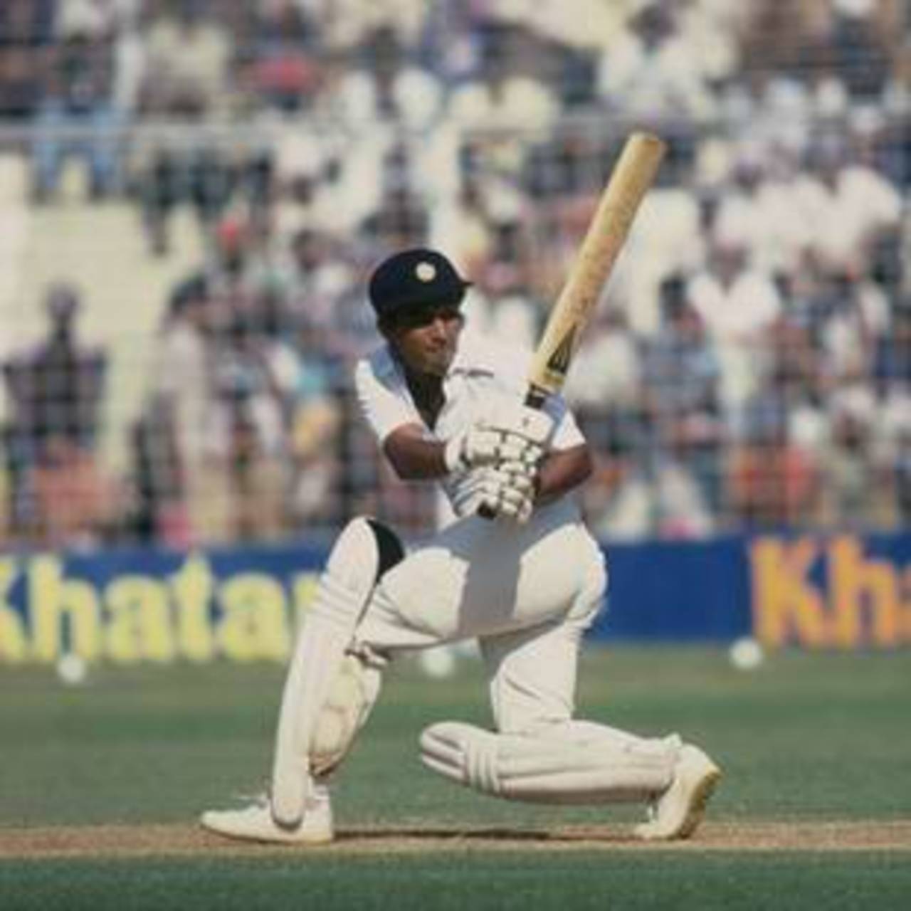 Sunil Gavaskar of India sweeps during his century, sixth Test, India v Australia, Bombay