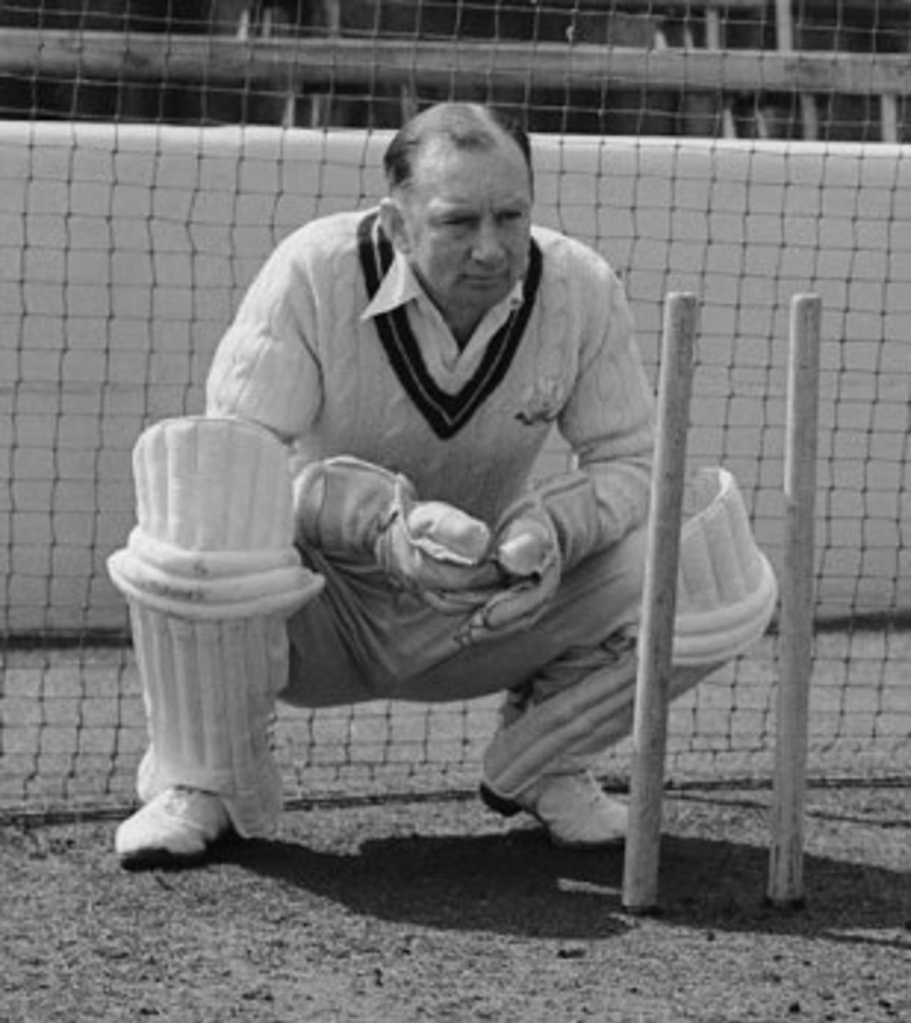 Arthur McIntyre in the nets at The Oval, May 16, 1956