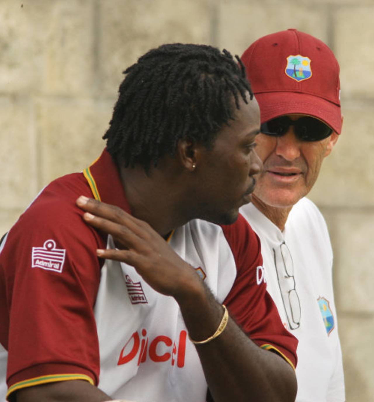 Chris Gayle talks to coach John Dyson ahead of the third ODI against Sri Lanka, St Lucia, April 15, 2008 
