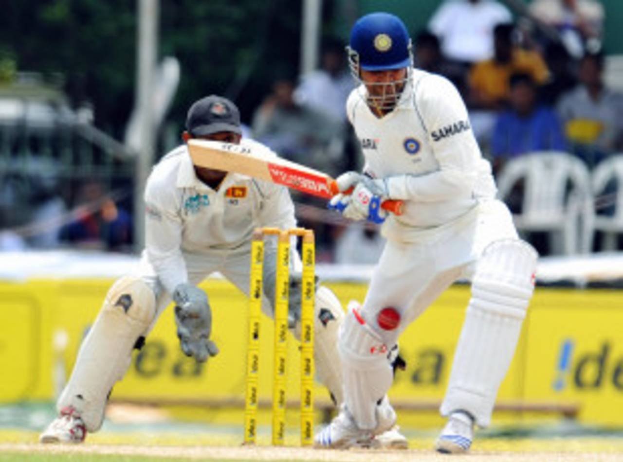 Virender Sehwag is hit on the back leg by the ball, becoming the first player to be dismissed via the review system when he was given out lbw, Sri Lanka v India, 1st Test, day four, SSC, Colombo, July 26, 2008