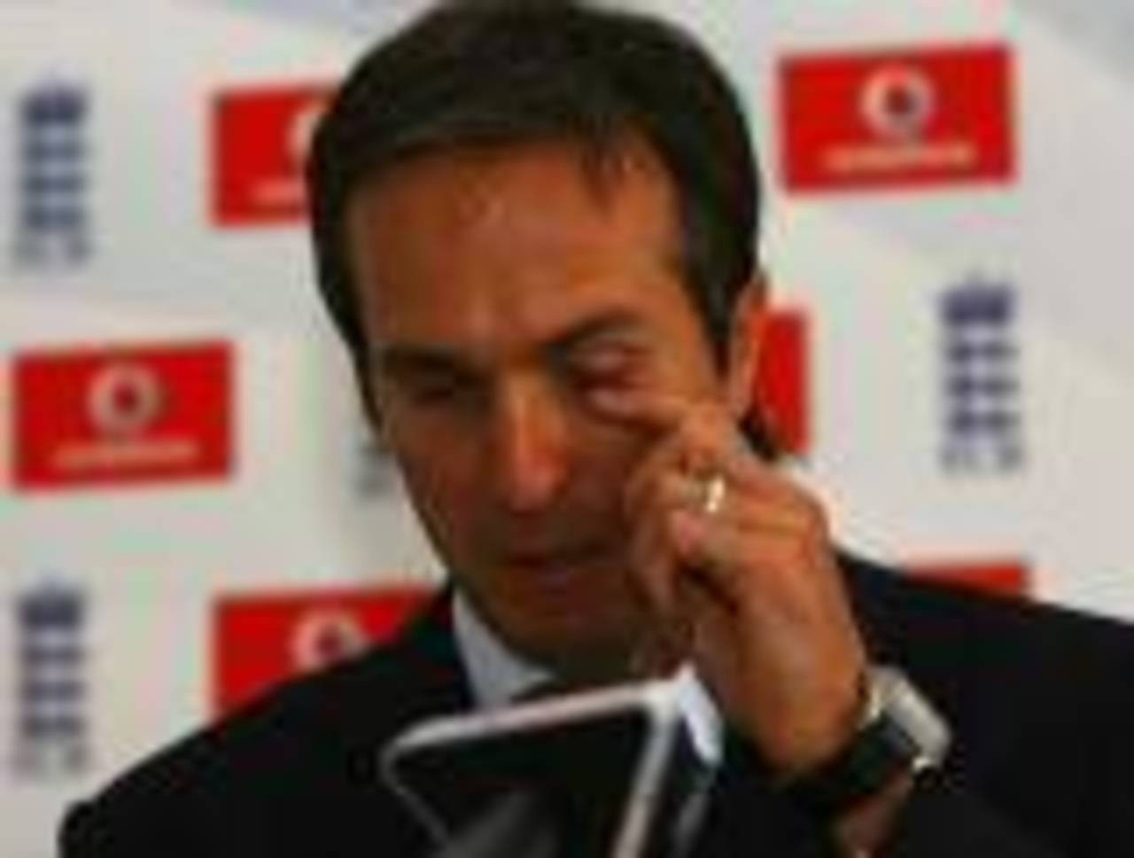 Michael Vaughan struggles to hold his emotions as he resigns as England captain, Loughborough, August 3, 2008