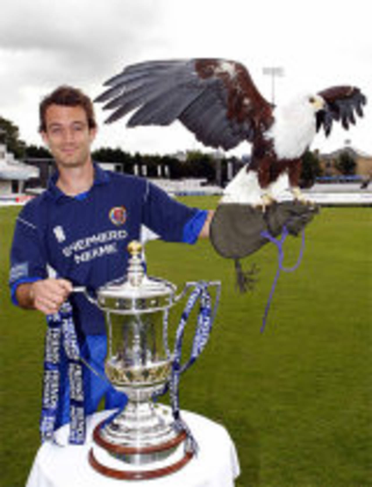 James Foster poses with the Friends Provident Trophy...and Boris the Eagle, County Ground, August 11, 2008