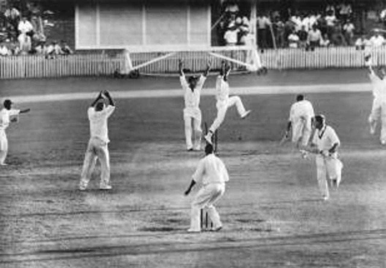 The final play of the first Tied Test, Australia v West Indies, 1st Test, Brisbane, 14 December, 1960