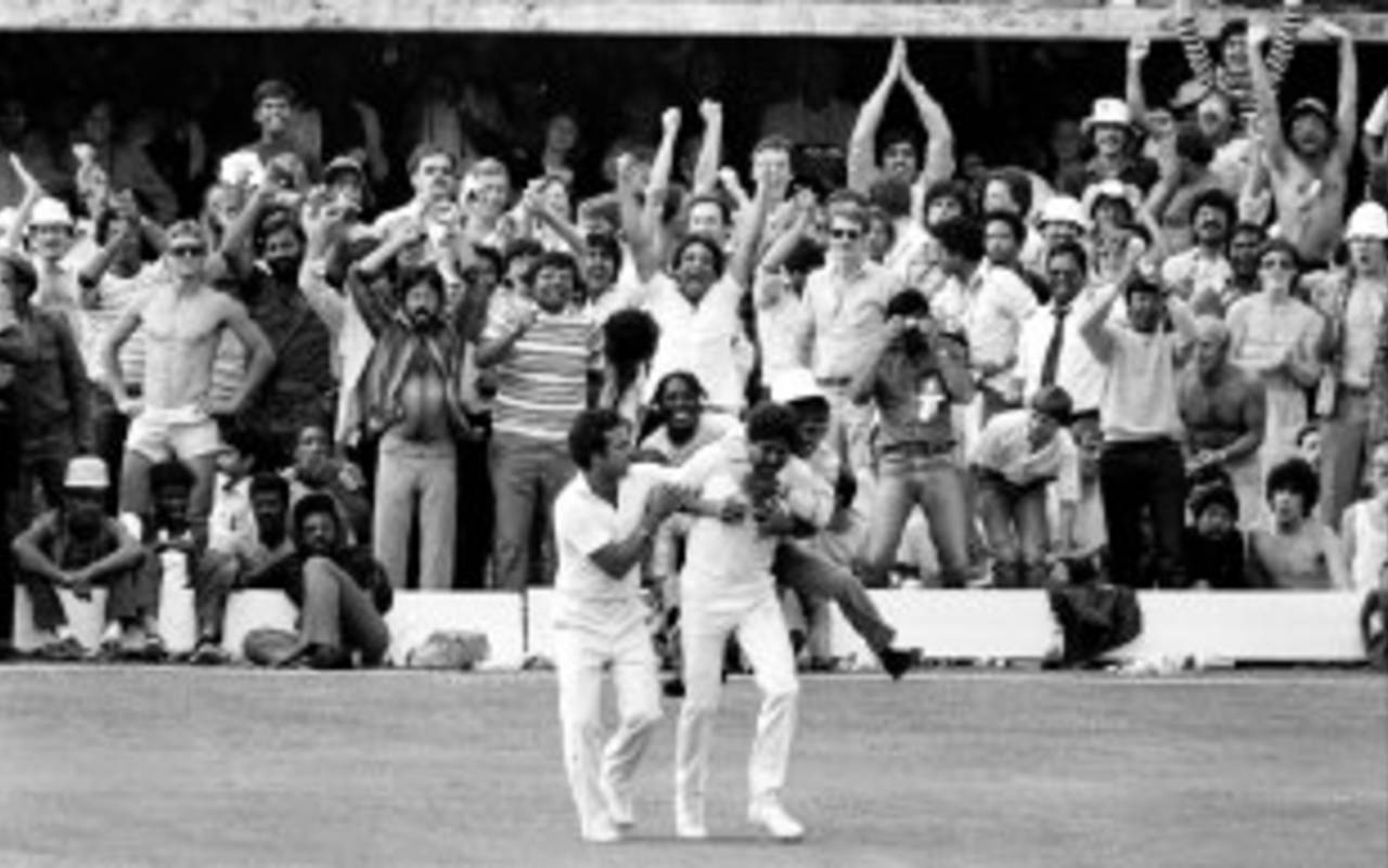 Kapil Dev runs backwards, keeping his eyes on the ball, and completes a crucial catch of Viv Richards, West Indies v India, World Cup final, Lord's, 25 June, 1983