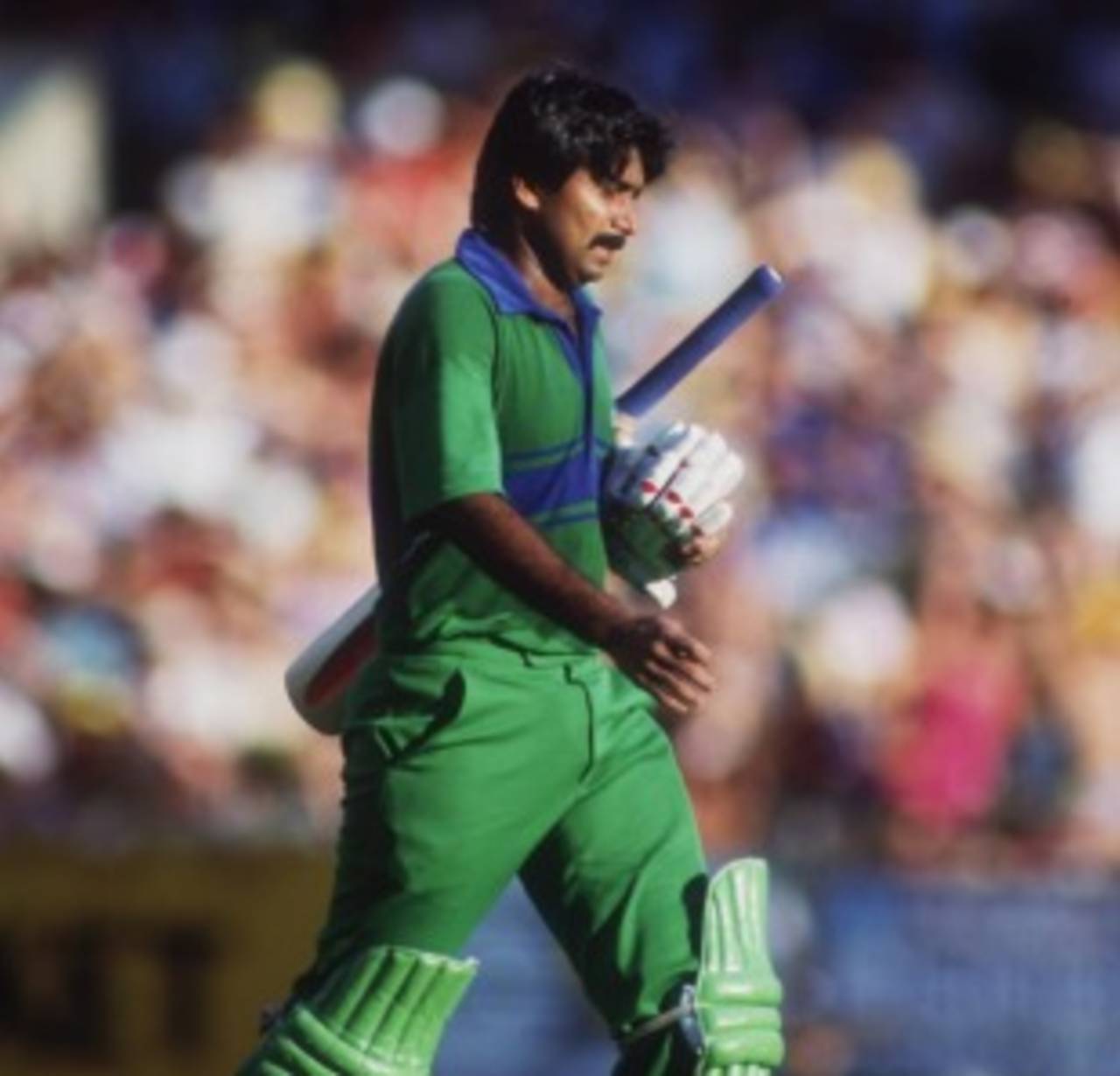 Javed Miandad walks off after being stumped off Laxman Sivaramakrishnan, India v Pakistan, Word Championship of Cricket final, Melbourne, March 10, 1985