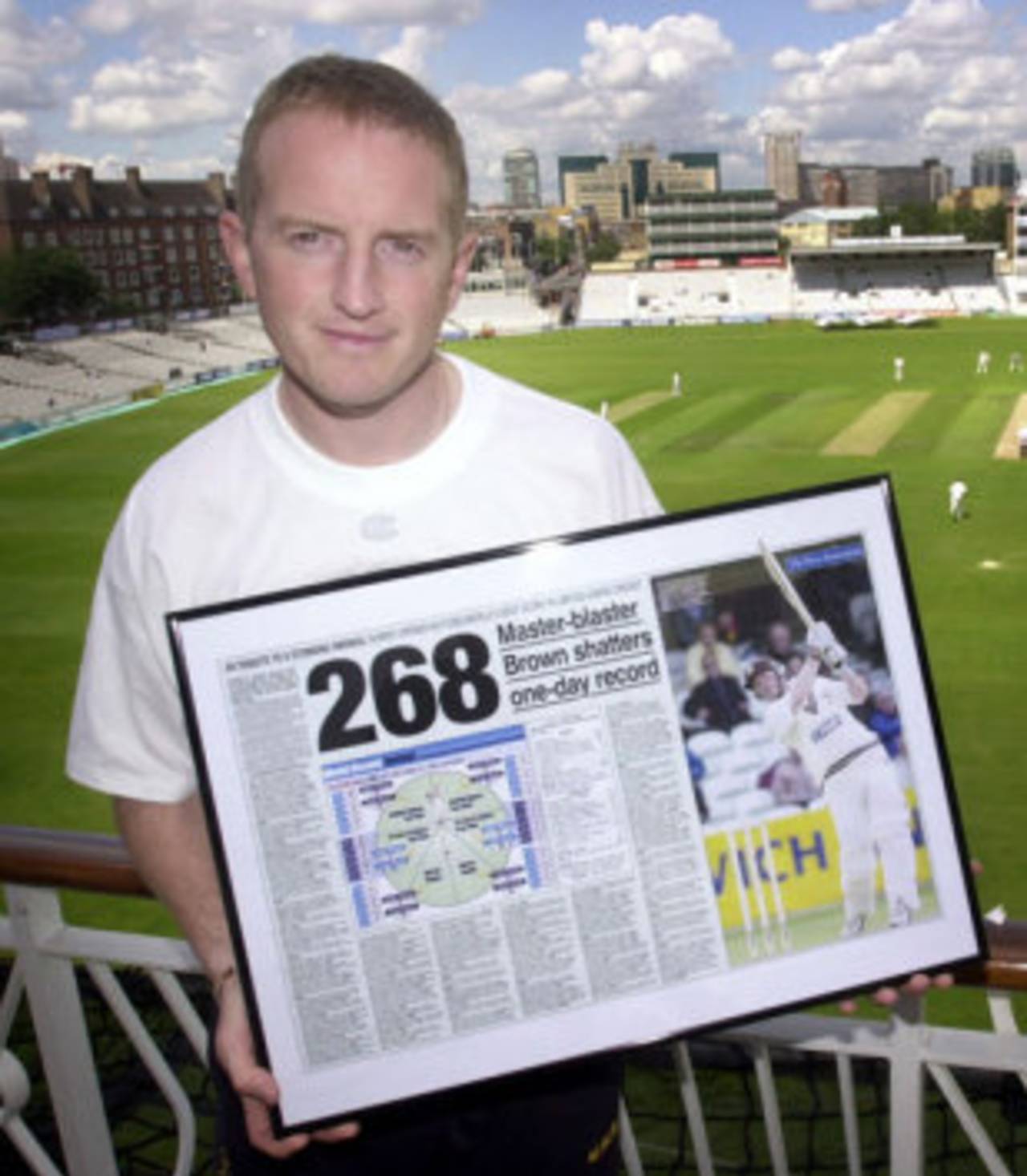 Pat Pilton of The Press Association presented Surrey opener Alistair Brown, with a framed picture to commemmorate his world record breaking 268 v Glamorgan, the highest innings for a one day game. * The picture, mocked up as a newspaper page, details a ball-by-ball account of his innings, as gathered by PA during the match. Commenting as he received the award Alistair Brown said " It was the best innings I have ever played. Yes, it was a short boundary that day, but my pull shots were landing in the road. What pleased me most was my drives. The timing was perfect. I felt very good - it was just one of those days. " I don't think my record score will ever be surpassed." Alistair Brown's innings included 12 sixes and 30 fours and came from 160 balls in 199 minutes, July 11, 2002
