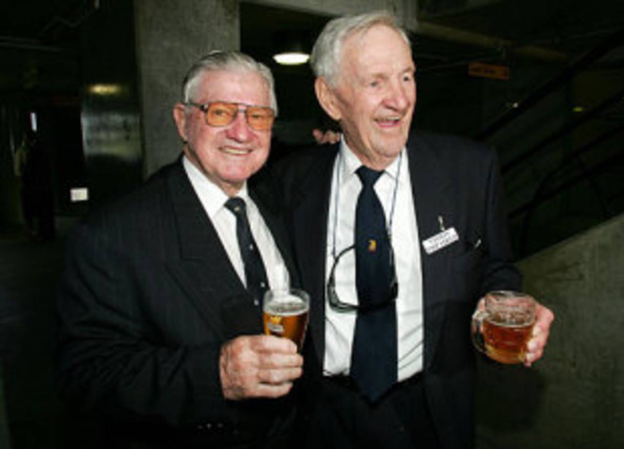 Neil Harvey and Sam Loxton share memories at Keith Miller's funeral, Melbourne, October 20, 2004