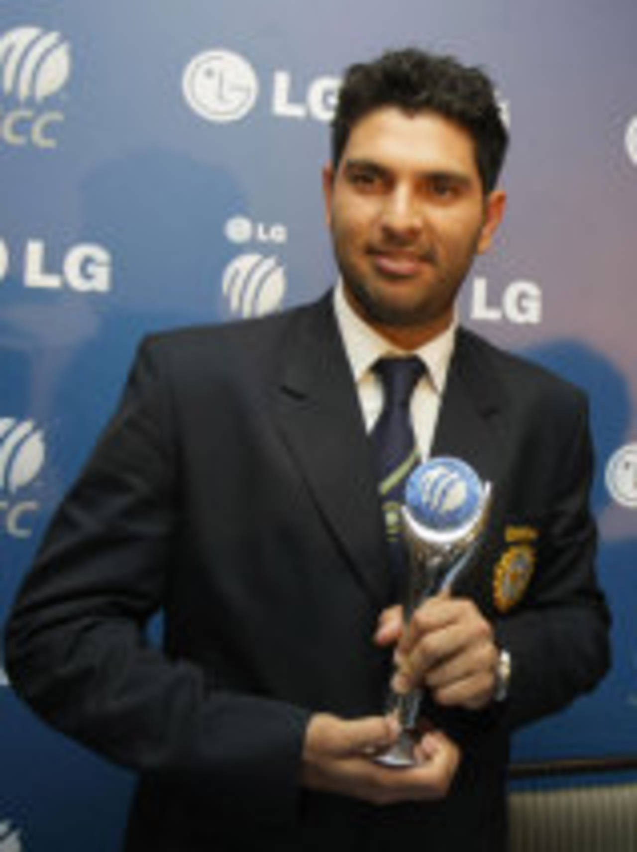 Yuvraj Singh poses with his trophy for the Twenty20 International Performance of the Year, ICC Awards, Dubai, September 10, 2008