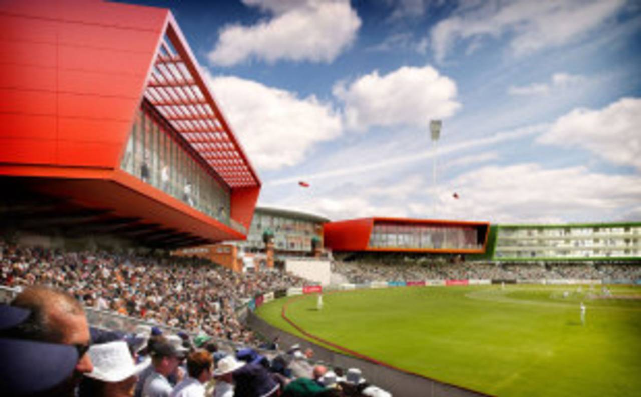 Computer-generated impression of Old Trafford after redevelopment. View of the overall scheme from the new stands, with the hospitality and events building in the foreground and the retained pavilion located centrally between the new stands, September 22, 2008