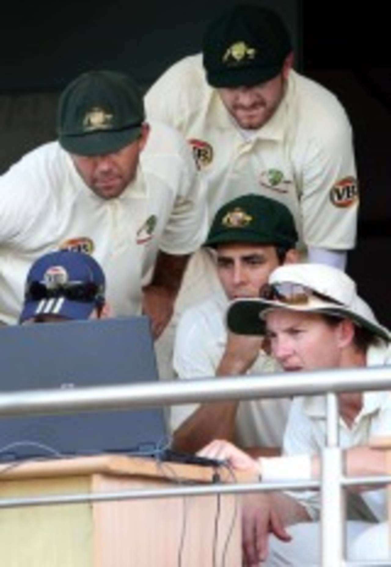 The Australians watch some footage after the day's play, Board President's XI v Australia, Hyderabad, 3rd day, October 4, 2008