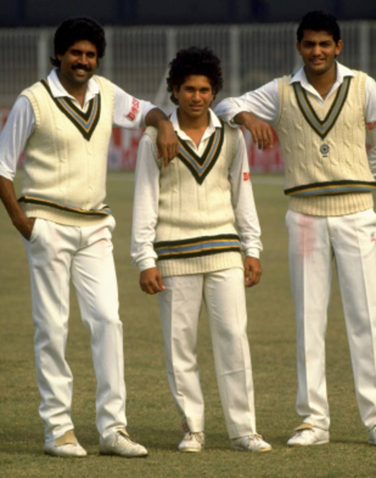 Kapil Dev, Sachin Tendulkar and Mohammad Azharuddin pose for a photo before the tour of Pakistan, November 1989