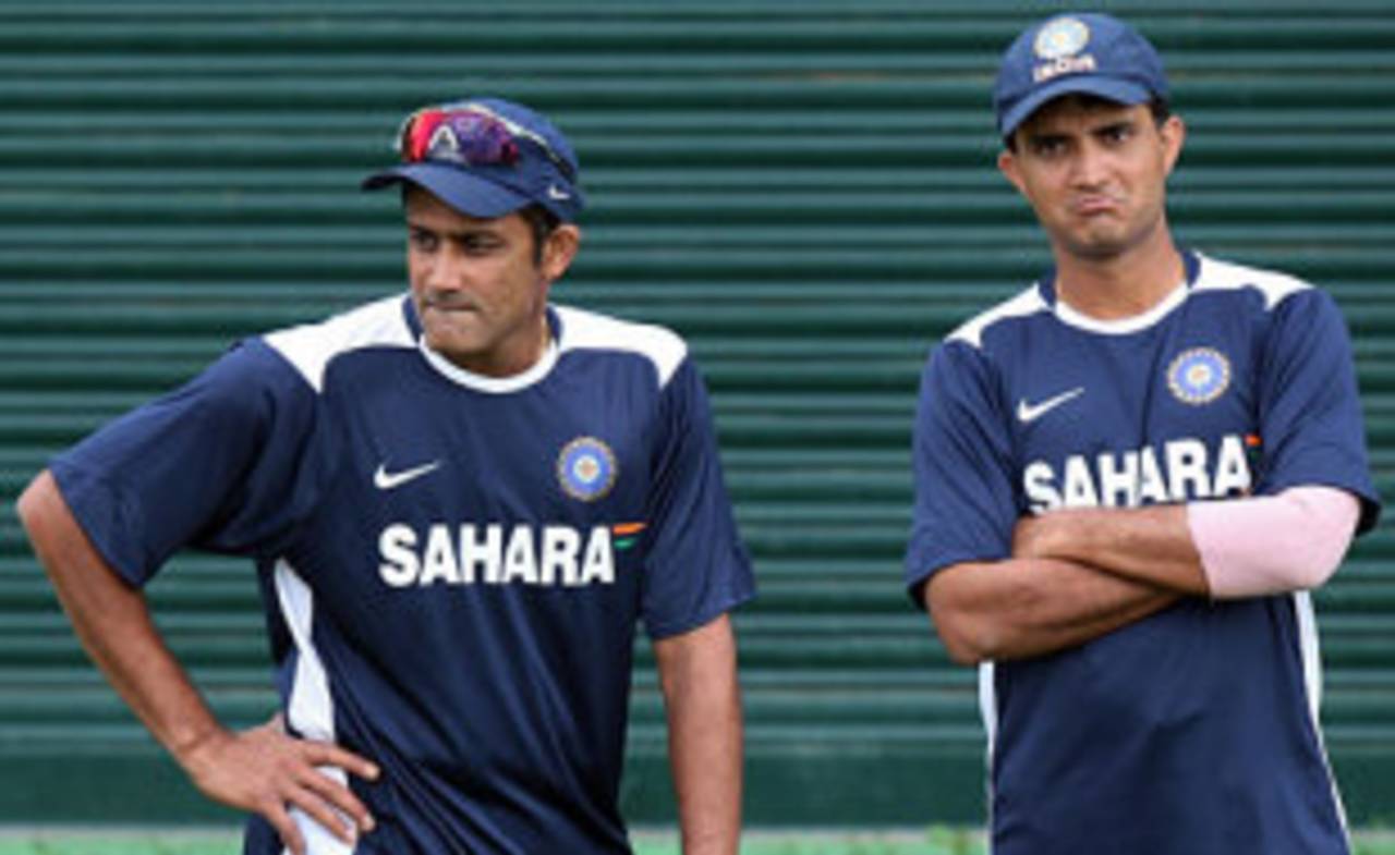 Anil Kumble and Sourav Ganguly look contemplative, Mohali, October 16, 2008