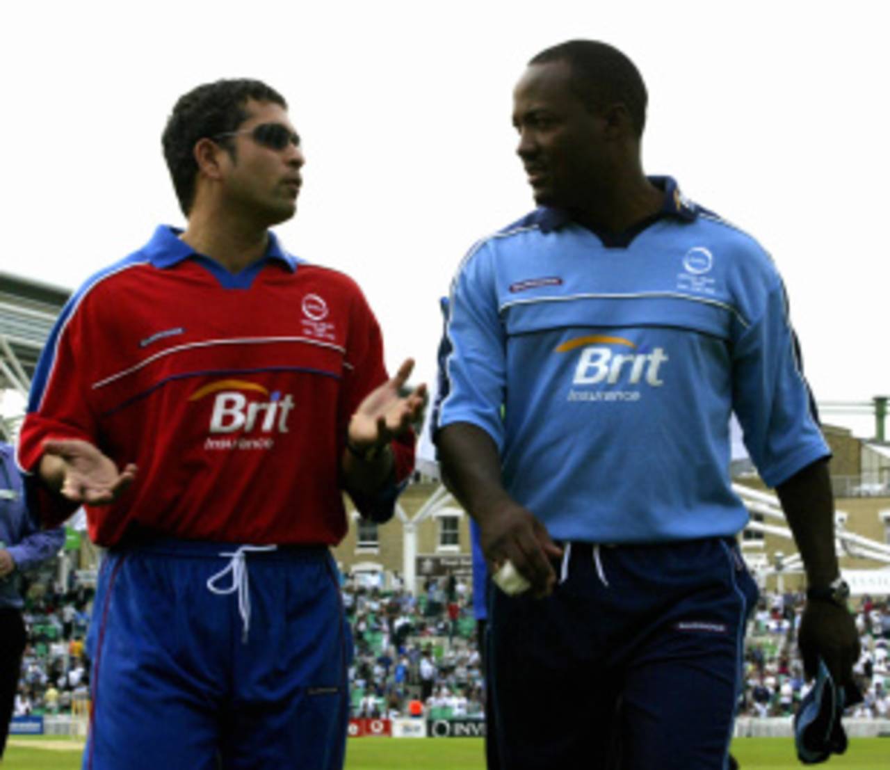 Sachin Tendulkar chats with Brian Lara during a benefit match to raise funds for victims of the Asian tsunami in 2004, The Oval, June 20, 2005