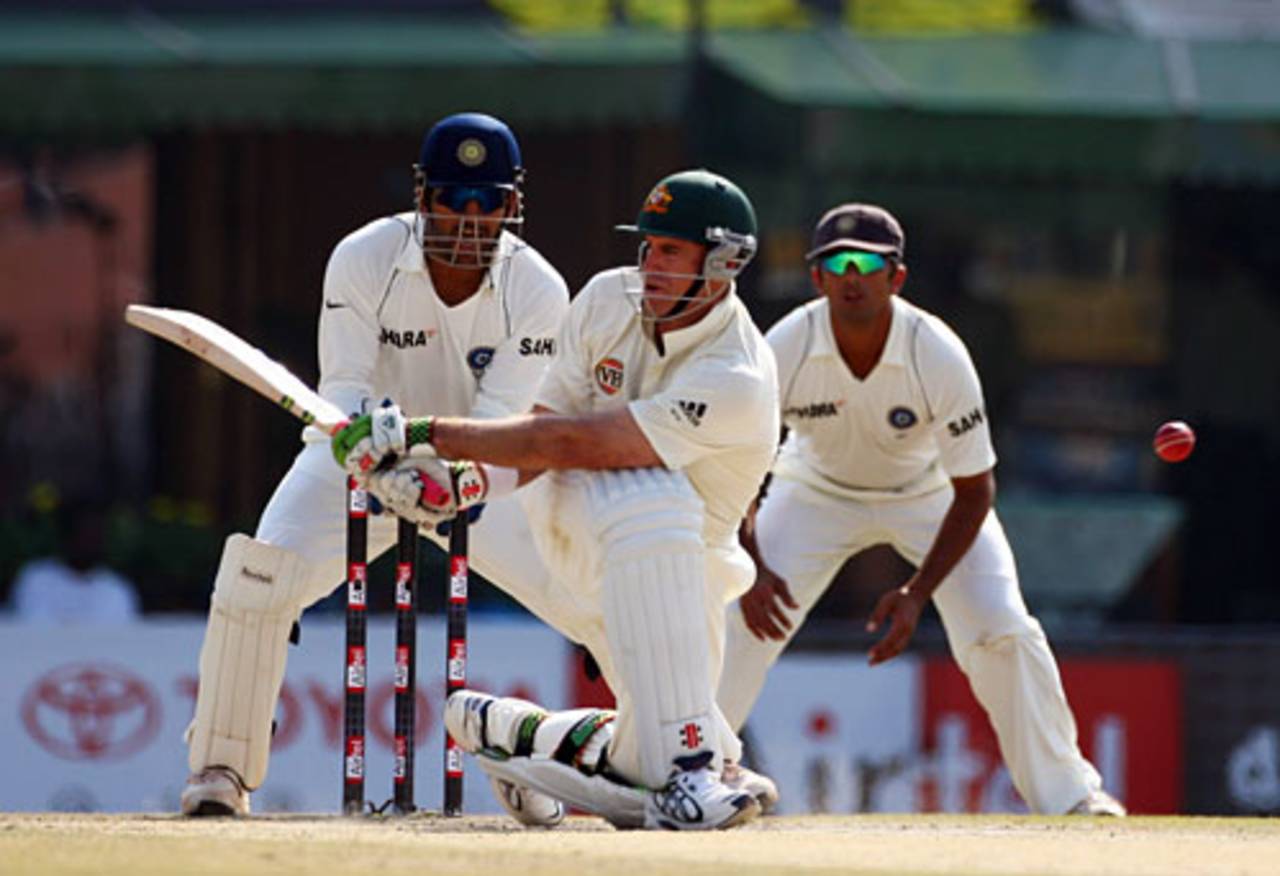 Matthew Hayden attempts to sweep, India v Australia, 2nd Test, Mohali, 4th day, October 20, 2008