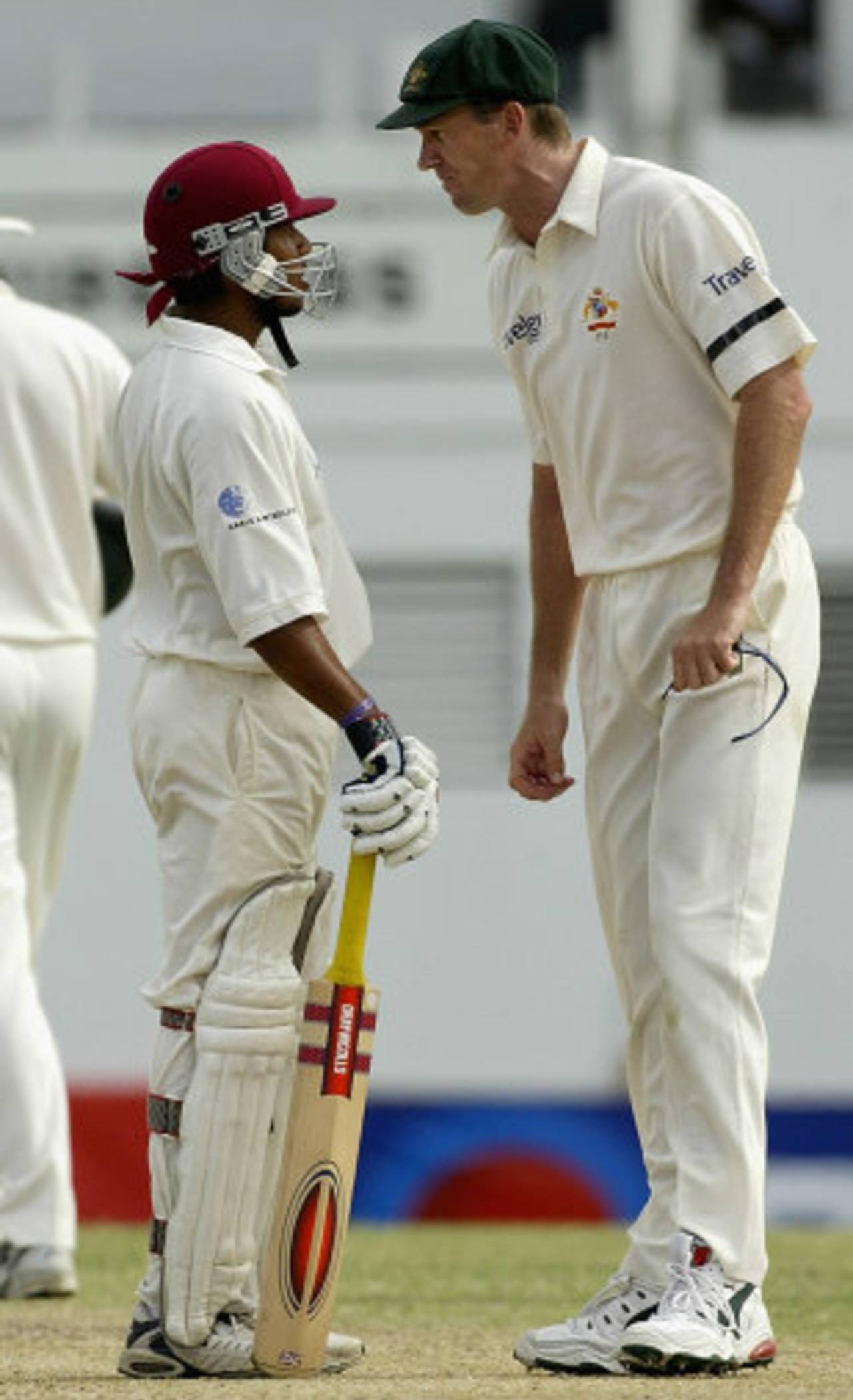 Ramnaresh Sarwan and Glenn McGrath in their famous, heated exchange, West Indies v Australia, 4th Test, Antigua, May 12, 2003